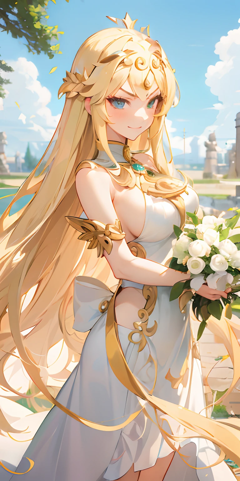 anime girl in a white dress with long blonde hair and a green and white dress, anime goddess, palutena, the goddess artemis smirking, lady palutena, portrait knights of zodiac girl, official art, ((a beautiful fantasy empress)), the godess hera looking angry, blonde anime girl with long hair, ancient goddess, anime visual of a cute girl