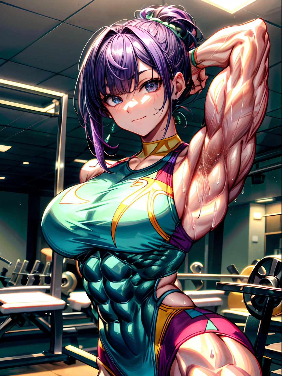 (BEST lighting) , (ultra intricately detailed) , 4K unification, (super-detailed CG: 1.2) , (8K: 1.2),(Original), (Masterpiece) , (Best quality),(Masterpiece:1.4),Anime-ish high quality,(Masterpiece),Masterpiece, Best quality, absurderes,((masterpeace, 4K, 8K, Yes, A high resolution))1girll,ssmile, One man only,She is in the ballet studio,Ballet costumes, expose arms,Exposing the abdomen,Protruding blood vessels on the arm,Green tendons bulge,Spring, Boots, Perfect figure, Short purple asymmetrical hair, Sweat, ((body builder:1.5)),The strongest in the world,Practice dance studio background,(Beautiful bace),(Girl),(Female),(((Upper body:1)))