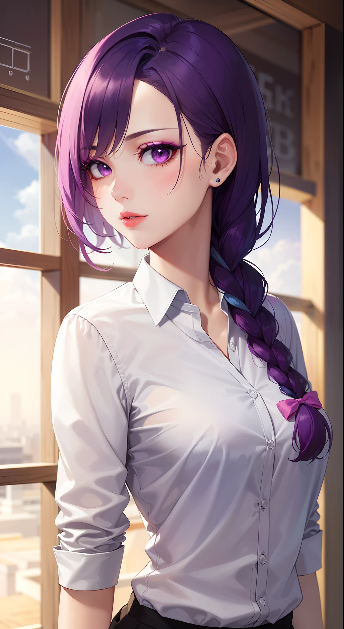 ((formal girl uniform)), upper body, seductive look, blush, indoors, in office, looking at viewer, cloudy, moody lighting, (perfect detail eyes:1.2), glowing eyes, (long hair one braid:1.2), (Masterpiece, Best Quality, High Quality:1.4), professional artwork, Intricate Details, field of view, sharp focus, detailed painting, photorealistic lighting, trending on pixiv, (vivid lighting, vibrant colors:1.05), realistic shadows, ambient occlusion, (athletic body:1.3), mature woman, 30yo, shenhe, hyperdetail eyes, beautiful eyes, (((solo:1.4))), semi-realistic hair, hyperdetailed clothes, (((beautiful makeup:1.3, beautiful pink lipstick:1.3, beautiful pink eyeshadow:1.3, purple eyes:1.0, purple hair:1.0))), (solo:1.4)