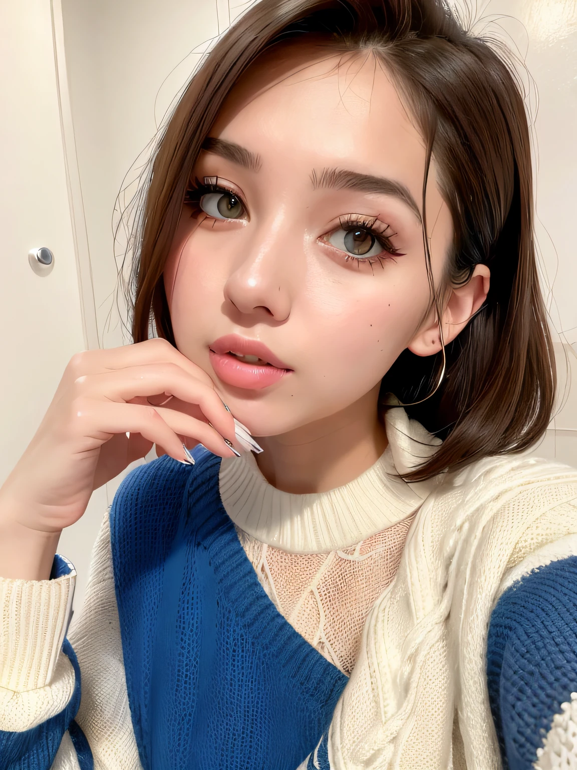 Arad woman posing for photo in blue sweater and white sweater, girl cute-fine face, Soft makeup, Young and cute face, clear cute face, with cute - fine - face, Light makeup, beautiful aesthetic face, Cute natural anime face, beautiful Japanese girl face, Subtle makeup, 8k selfie photograph, small heart - shaped face, with short hair