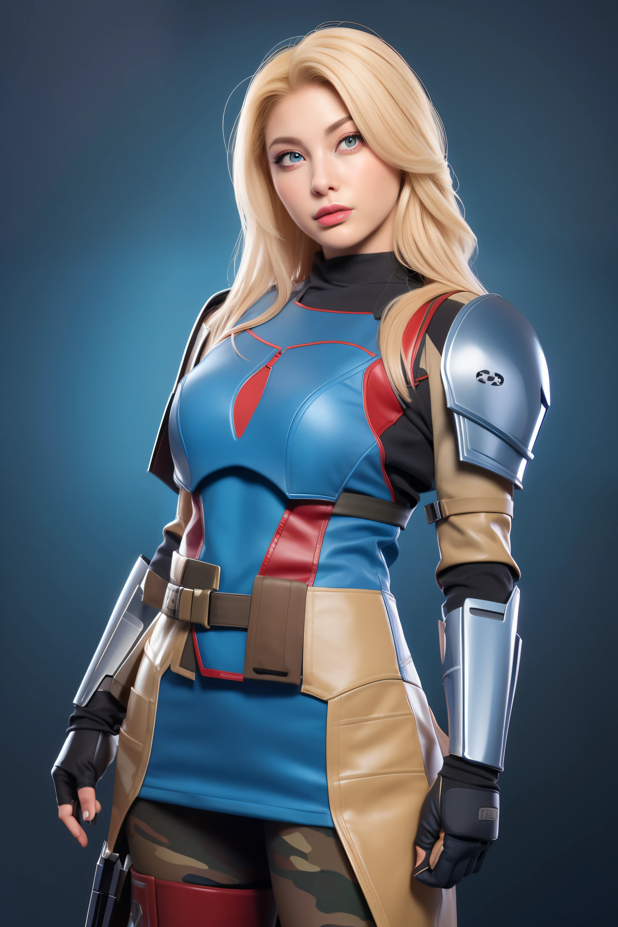 Beautiful Face Woman、a blond、Blue camouflage background、 Beautuful Women、18year old、prety woman、hyper realistic photography、High-definition photos、Red Lipstick、Mandalorian Style Metal Armor Skirt Suit、big eye、The skin is not very exposed、Do not cut your head off the screen、skirt by the、Blue camouflage