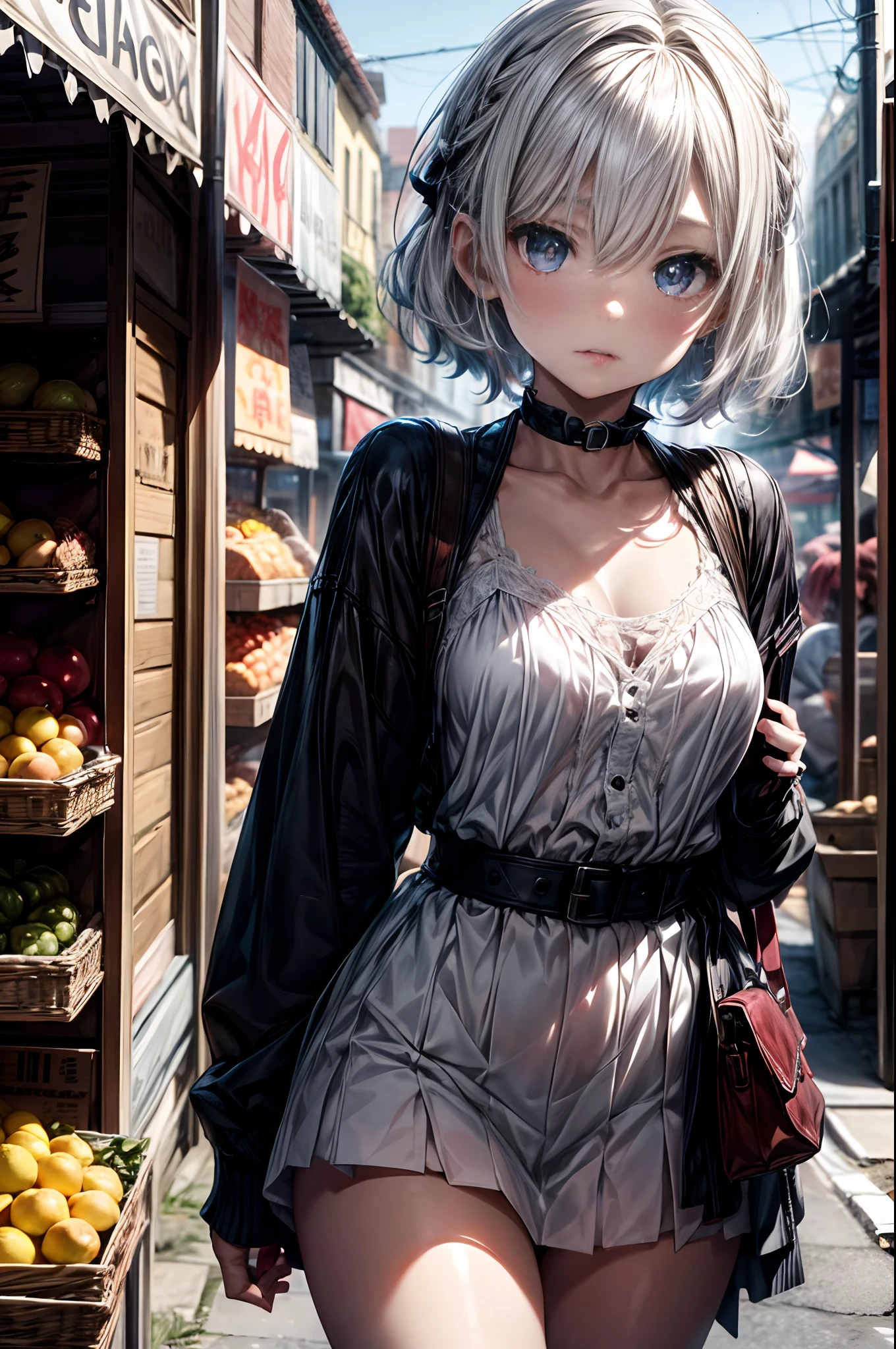 mash kyrielight, White hair, short hair, red eyes, girl, woman, female, little, child, , medium hair, curly hair, bangs, eyes visible through hair, side braid, white and black hair, multicolored hair, red inner color, beautiful detailed Glass hair, delicate beautiful face, red pupils, fangs, small_breasts, pale blue eyes, white skin, choker, gloves, (nice hands), (perfect hands), camisole, holding fruit, lemon, (grapefruit), parted lips, blush, skirt, earring, holding food, bang, in fruit market, more_details:-1, more_details:0, more_details:0.5, more_details:1, more_details:1.5