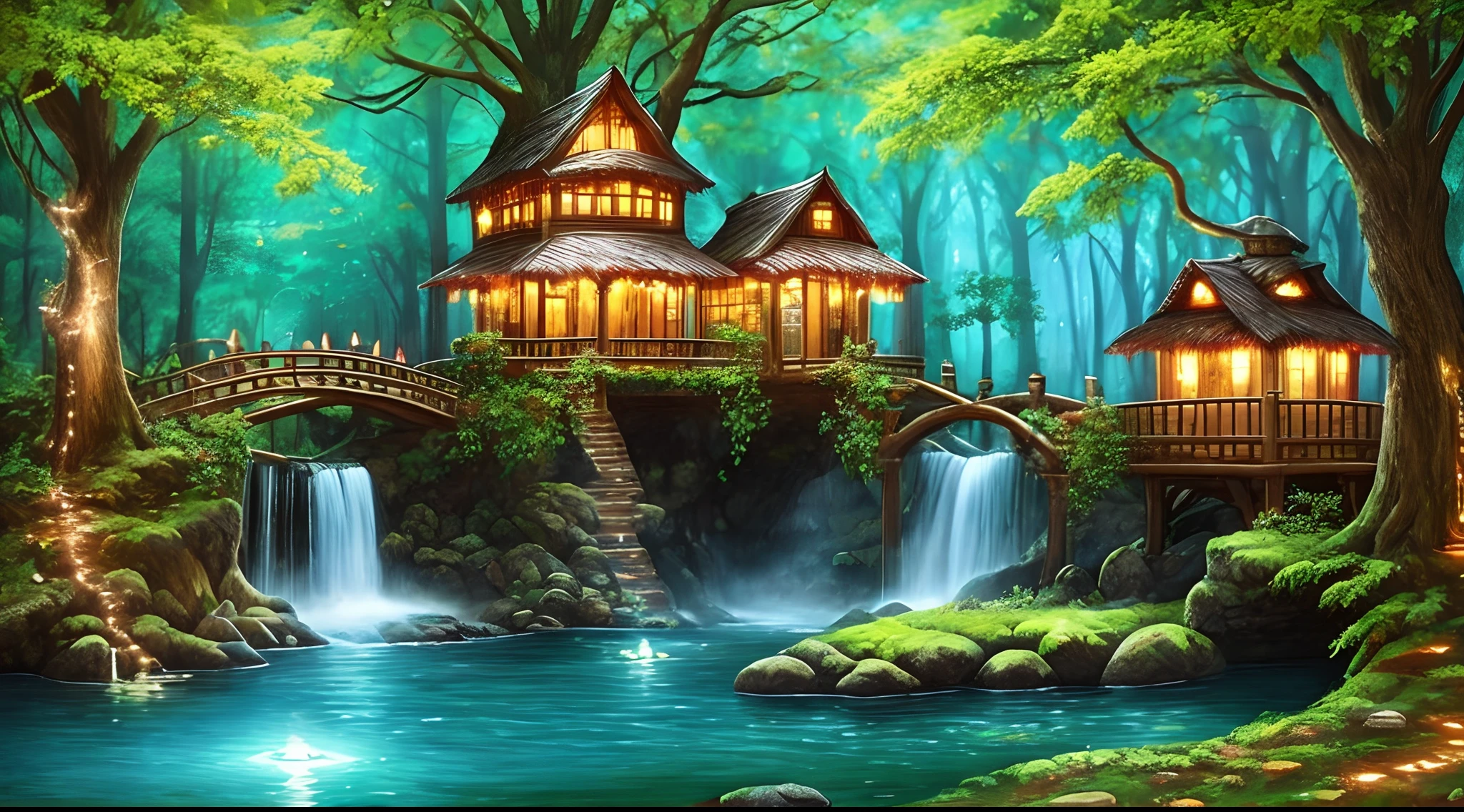 The best quality, masterpieces, beautiful wild and natural fantasy landscapes with glowing lights, clear spring waterfalls, tree houses, paths, bridges, glowing fruits on trees