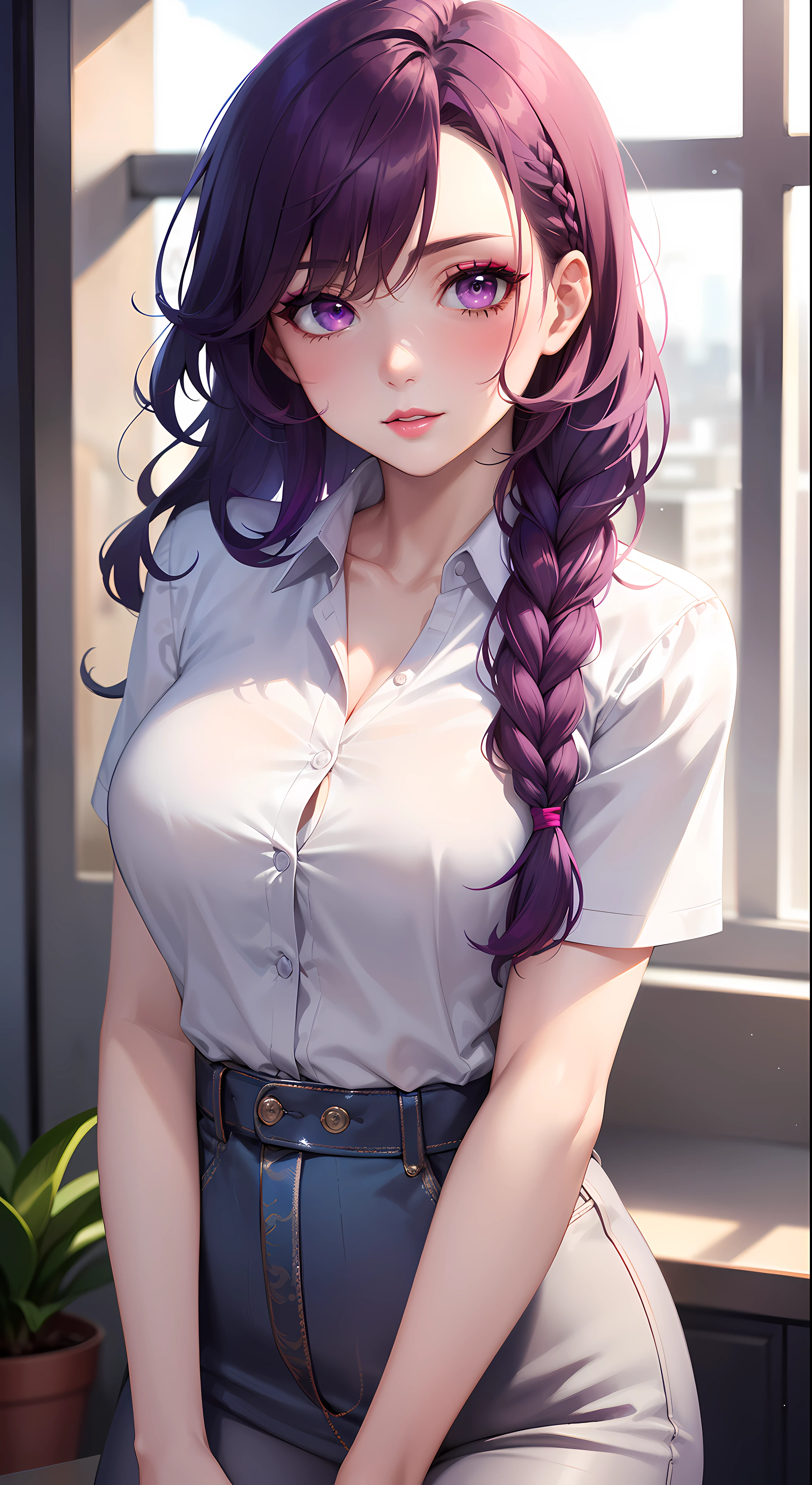 ((formal girl uniform)), upper body, seductive look, blush, indoors, in office, looking at viewer, cloudy, moody lighting, (perfect detail eyes:1.2), glowing eyes, (long hair one braid:1.2), (Masterpiece, Best Quality, High Quality:1.4), professional artwork, Intricate Details, field of view, sharp focus, detailed painting, photorealistic lighting, trending on pixiv, (vivid lighting, vibrant colors:1.05), realistic shadows, ambient occlusion, (athletic body:1.3), mature woman, 30yo, shenhe, hyperdetail eyes, beautiful eyes, (((solo:1.4))), semi-realistic hair, hyperdetailed clothes, (((beautiful makeup:1.3, beautiful pink lipstick:1.3, beautiful pink eyeshadow:1.3, purple eyes:1.0, purple hair:1.0))), (solo:1.4)