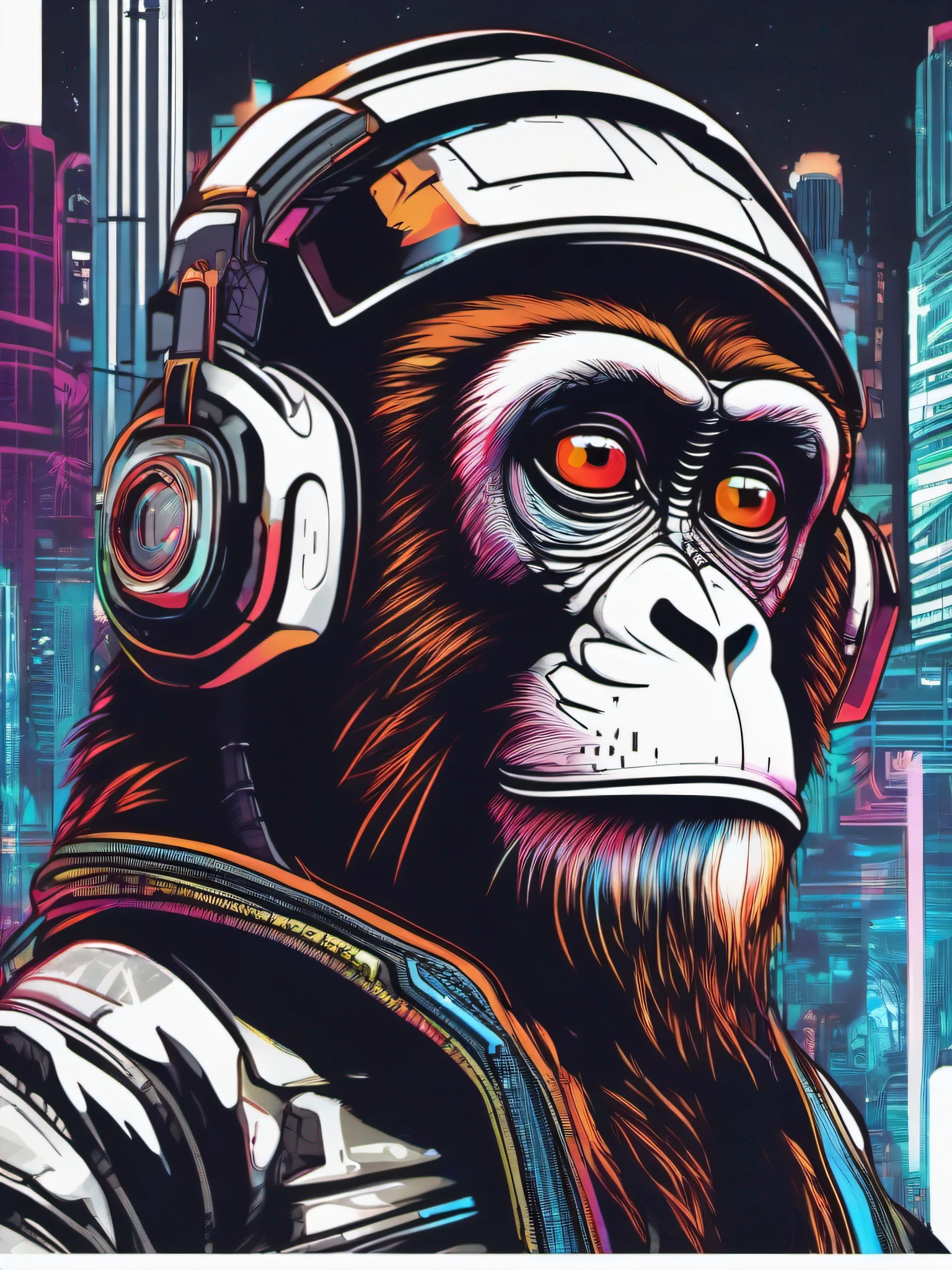A futuristic monkey figure, with lights in eyes, surrounded by vibraprint ready vector t-shirt design, cyberpunk monkey illustration, side view, sticker, clean white background, professional vector, high detail, t-shirt design, graffiti, vibrant nt futuristic cityscape.