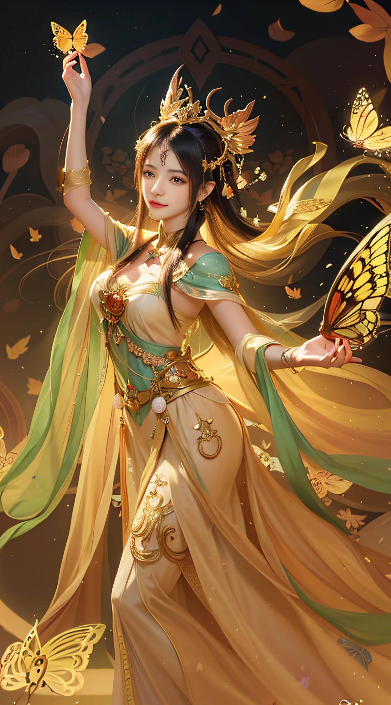 Wearing a yellow dress，Arad woman holding a butterfly in her hand, a beautiful fantasy empress, by Yang J, Inspired by Lan Ying, Beautiful character painting, Extremely detailed Artgerm, Alphonse mucha and rossdraws, Guviz-style artwork, gilded lotus princess, art-style, Artgerm and Atey Ghailan
