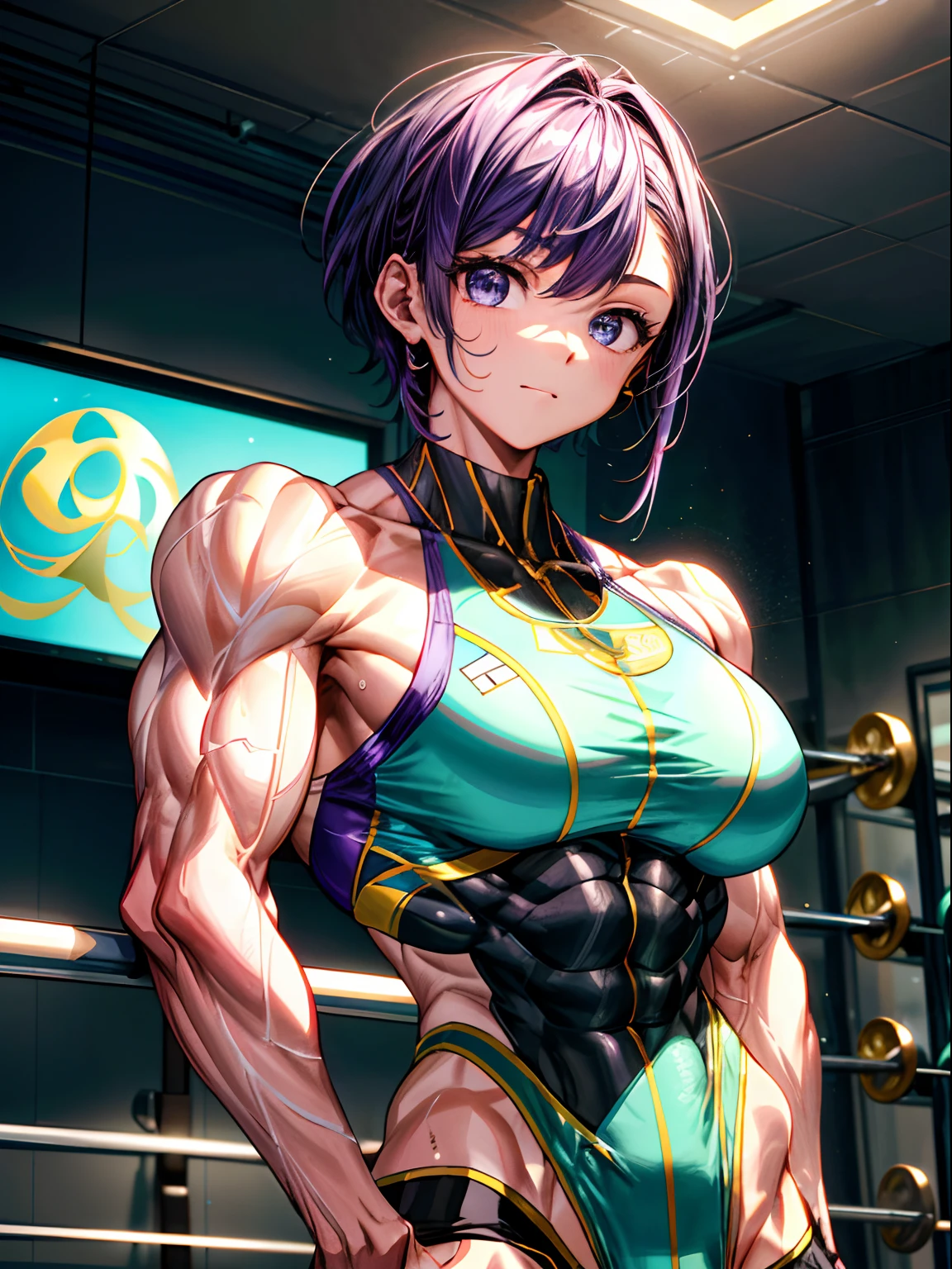 (BEST lighting) , (ultra intricately detailed) , 4K unification, (super-detailed CG: 1.2) , (8K: 1.2),(Original), (Masterpiece) , (Best quality),(Masterpiece:1.4),Anime-ish high quality,(Masterpiece),Masterpiece, Best quality, absurderes,((masterpeace, 4K, 8K, Yes, A high resolution))1girll,ssmile, One man only,She is in the ballet studio,Ballet costumes, expose arms,Exposing the abdomen,Protruding blood vessels on the arm,Green tendons bulge,Spring, Boots, Perfect figure, Short purple asymmetrical hair, Sweat, ((body builder:1.5)),The strongest in the world,Practice dance studio background,(Beautiful bace),(Girl),(Female),(((Upper body:1)))