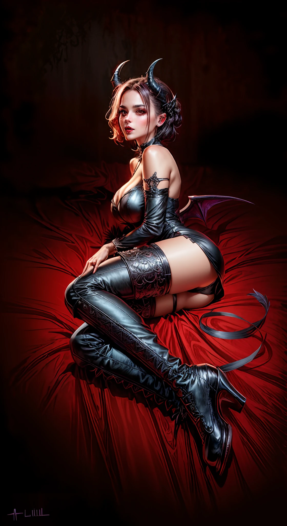 a woman in a black leather outfit with horns and a demon's head, beautiful succubus, succubus in tight short dress, succubus | medieval, villainess has black angel wings, beautiful elegant demon queen, succubus, raven winged female vampire, gothic fantasy art, dark fantasy style art, diablo 4 lilith, dark fantasy art, female vampire, lilith