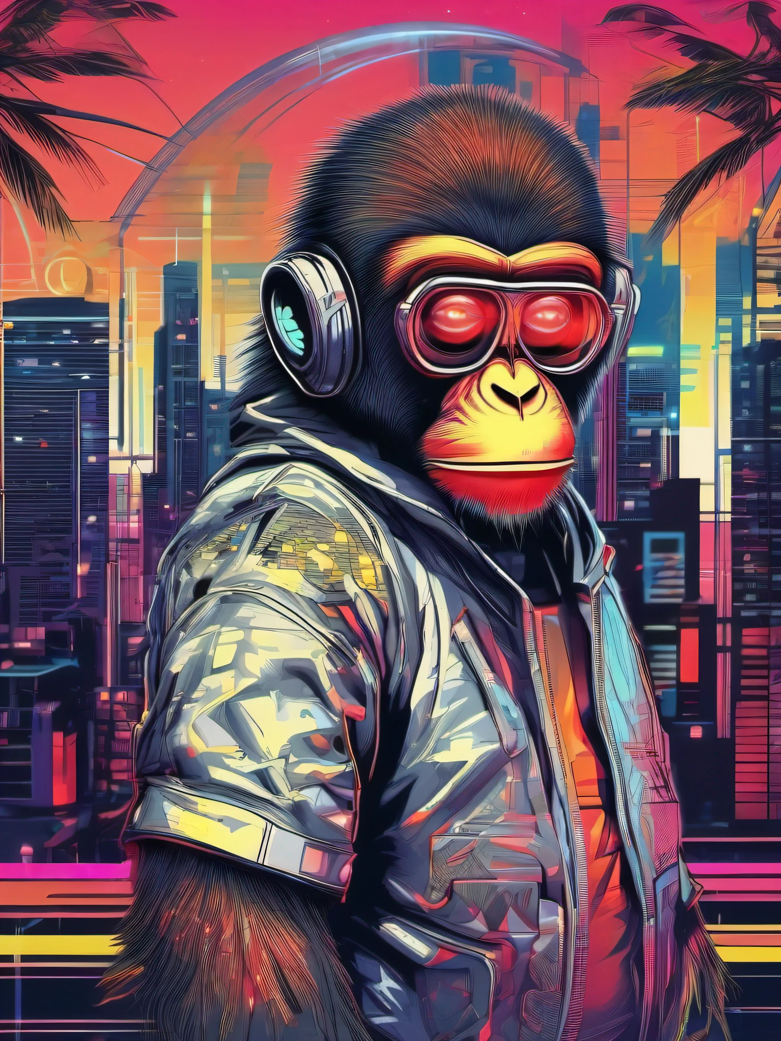 A futuristic monkey figure, with lights in eyes, surrounded by vibraprint ready vector t-shirt design, cyberpunk monkey illustration, side view, sticker, clean white background, professional vector, high detail, t-shirt design, graffiti, vibrant nt futuristic cityscape.