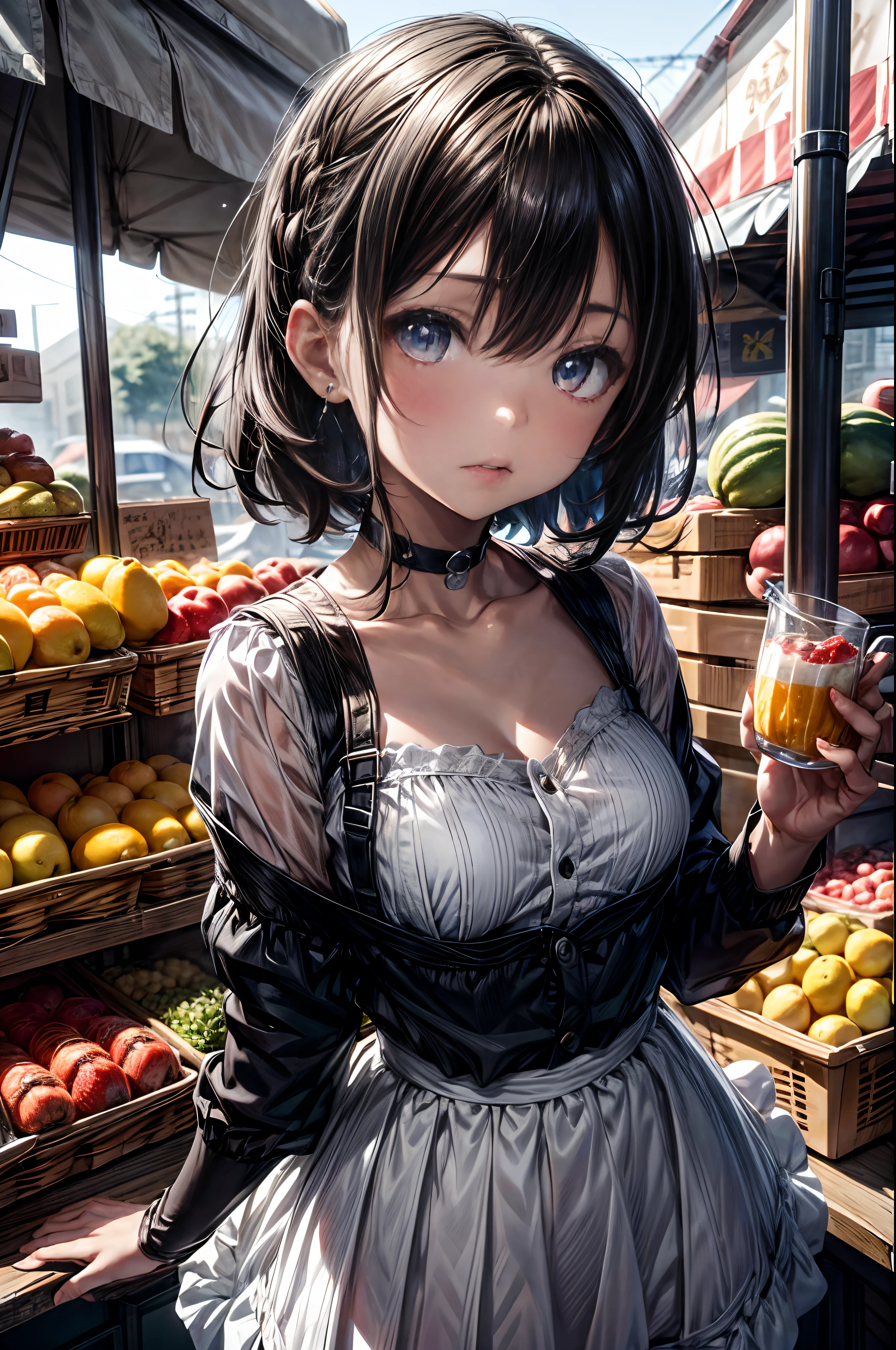mash kyrielight, White hair, short hair, red eyes, girl, woman, female, little, child, 10 years old, medium hair, curly hair, bangs, eyes visible through hair, side braid, white and black hair, multicolored hair, red  inner color, beautiful detailed Glass hair, delicate beautiful face, red pupils, fangs, small_breasts, pale blue eyes, white skin, choker, gloves, (nice hands), (perfect hands), camisole, holding fruit, lemon, (grapefruit), parted lips, blush, skirt, earring, holding food, bang, in fruit market, more_details:-1, more_details:0, more_details:0.5, more_details:1, more_details:1.5