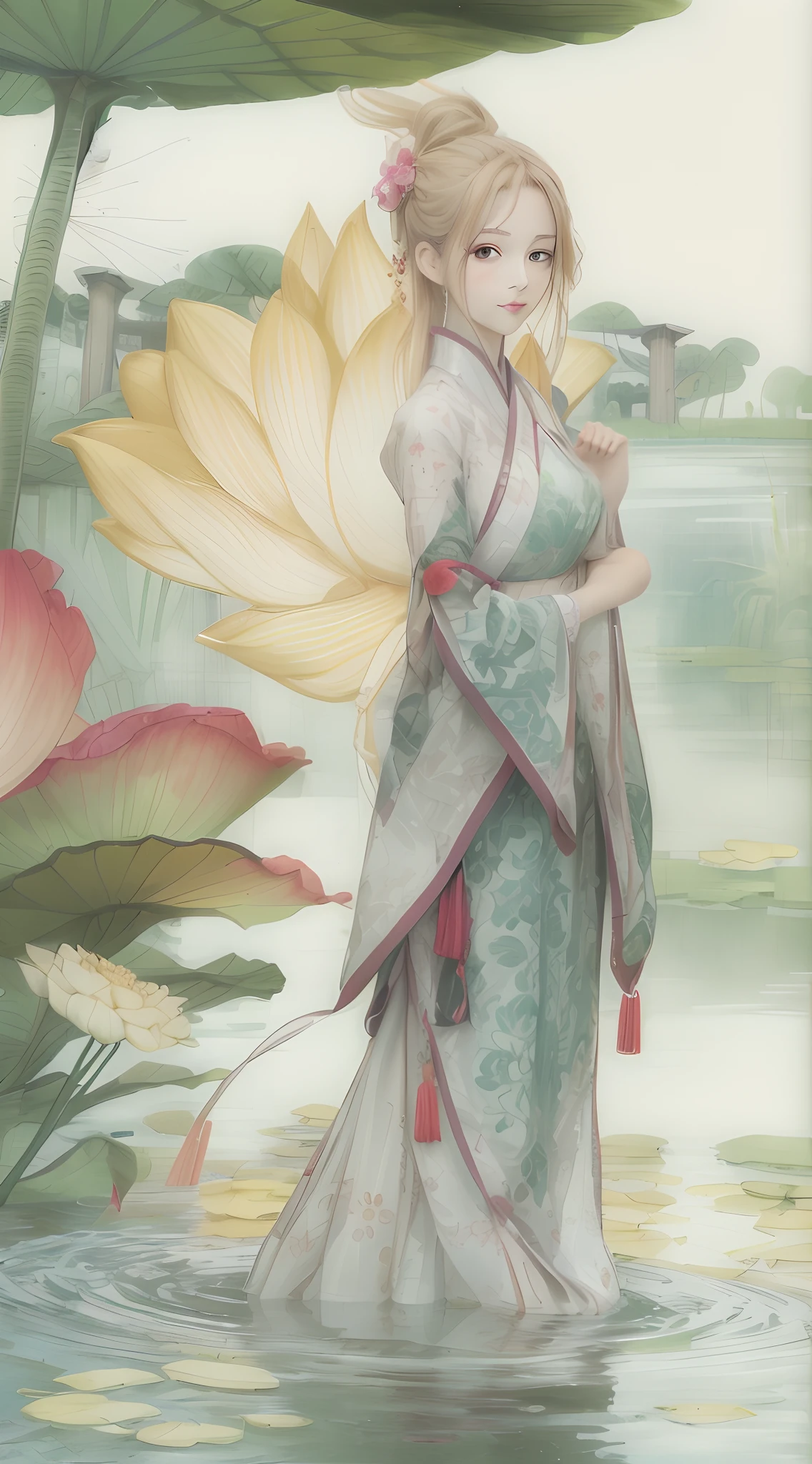 ((4k,masterpiece,best quality)), shuimobysim, traditional chinese ink painting, lotus,  hanfu, maxiskit, dress conservatively
1girl, solo, long yellow hair, smile, standing, feet in the water, barefoot, green eyes, hands with swords