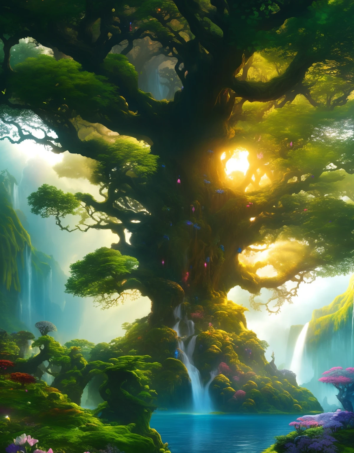 a wide shot of The big Tree of Souls from avatar, colorful flowers, cascading waterfalls, highly detailed, intricate details, trending on artstation, sharp focus, intricate details, volumetric lighting, sun rays, soft lighting, highly detailed, by greg rutkowski and lisa frank