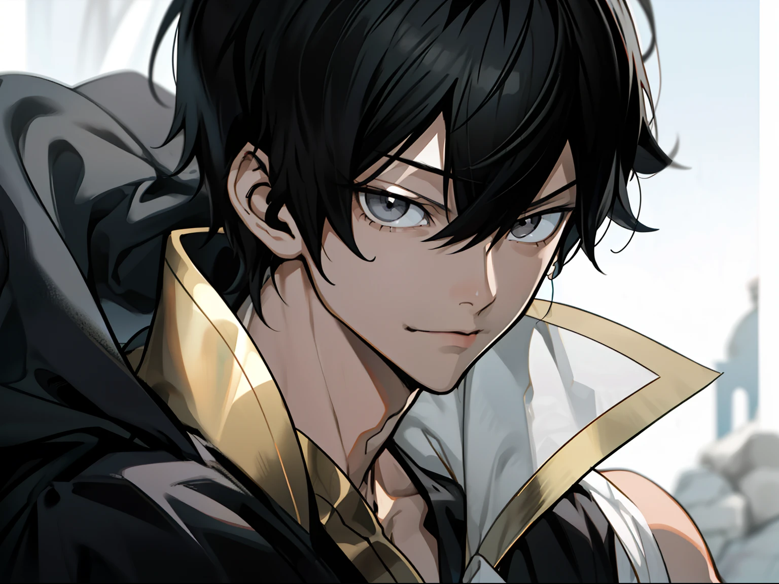 Masterpiece, Best Quality, hiquality, 1boy, 独奏, male focus, looking a viewer, upper-body, Zeref, Greek clothes, black hair, gray eyes, Malice, closed mouth, ombre