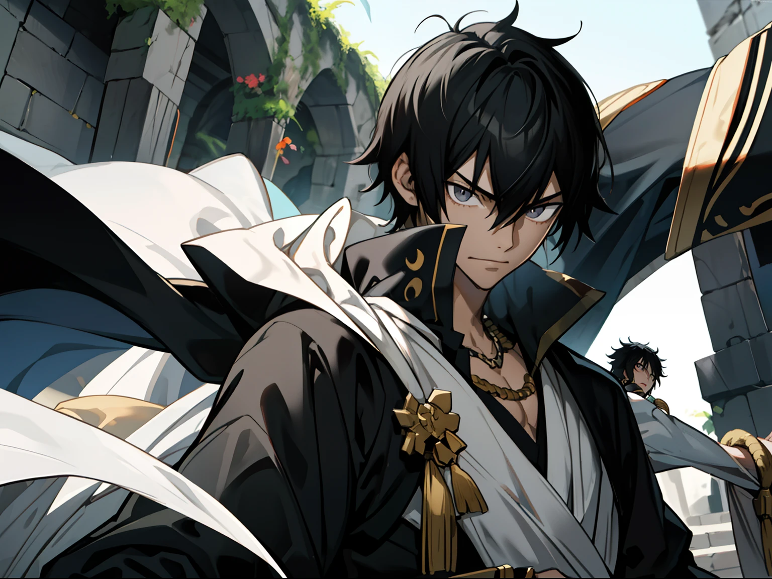 Masterpiece, Best Quality, hiquality, 1boy, 独奏, male focus, looking a viewer, upper-body, Zeref, Greek clothes, black hair, gray eyes, Malice, closed mouth, ombre