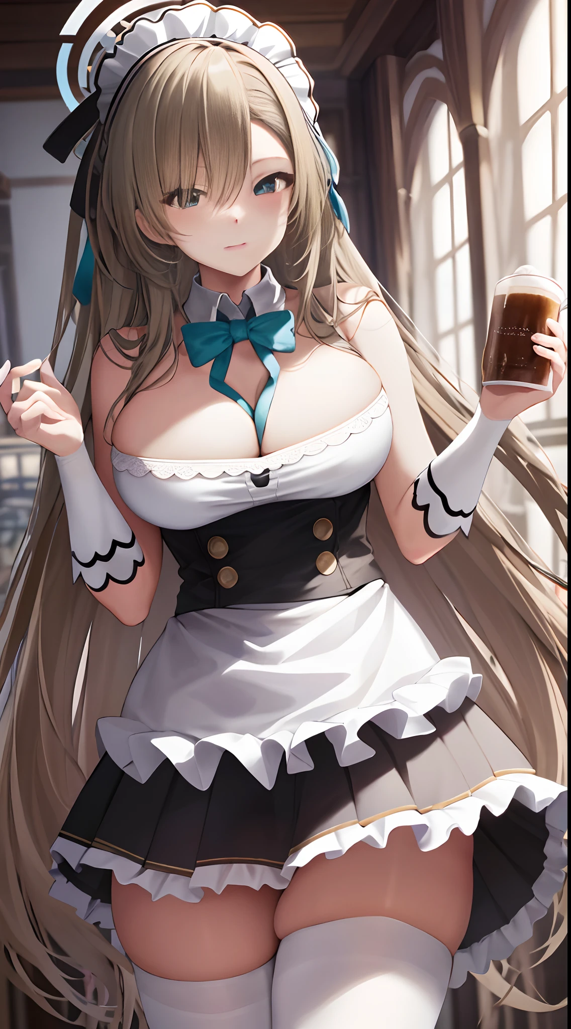 tmasterpiece,8K quality,Extremely high level of detail,1girll, 独奏, Big breasts Asuna, long whitr hair,Exquisite facial features,thick thight, (the maid outfit, White panty hose), Cafe background