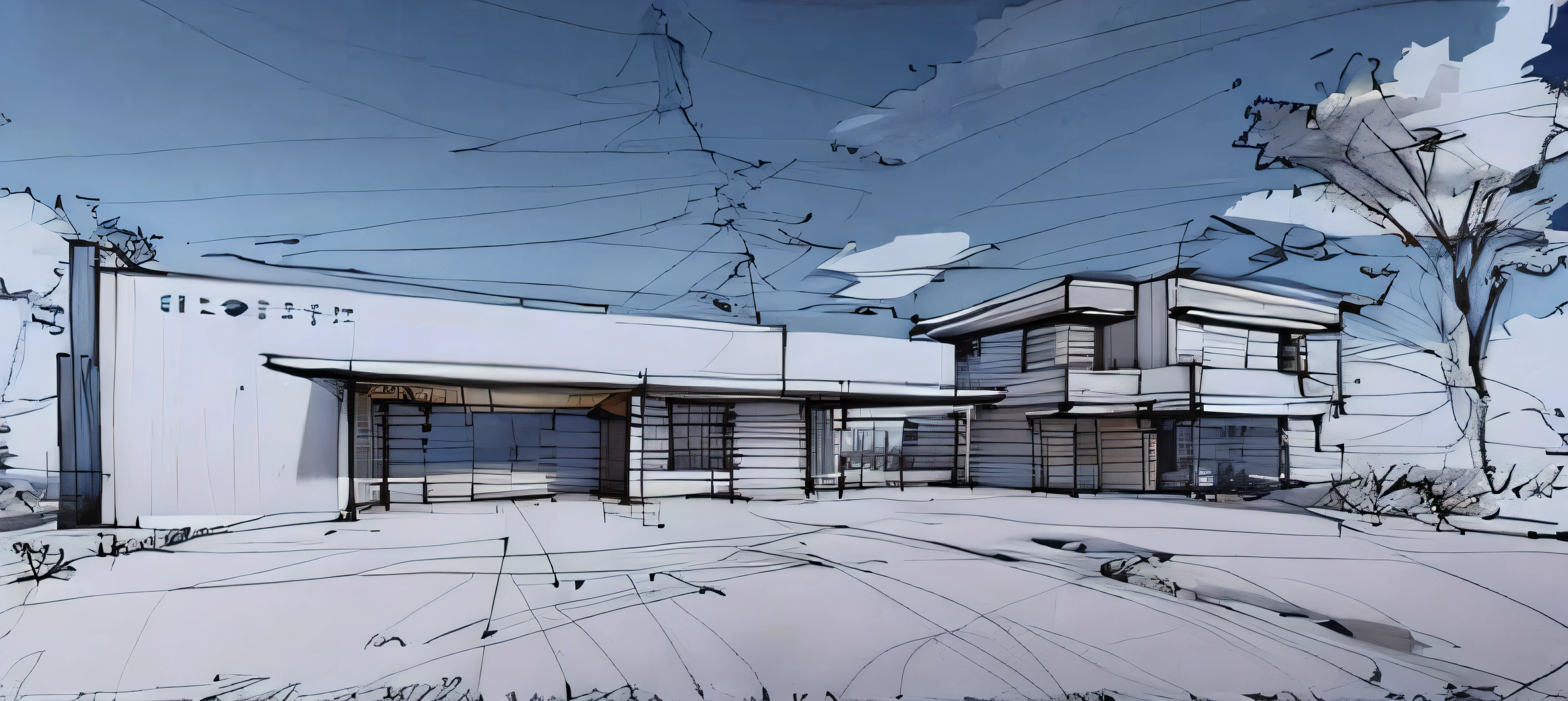 Sketch，pen_Sketch_Style，Very detailed building façade details，white backgrounid，simplebackground，The external contours of the building are clear，There are tall trees on the right side of the picture，The sun shines well，There are no clouds in the sky，high definition resolution。