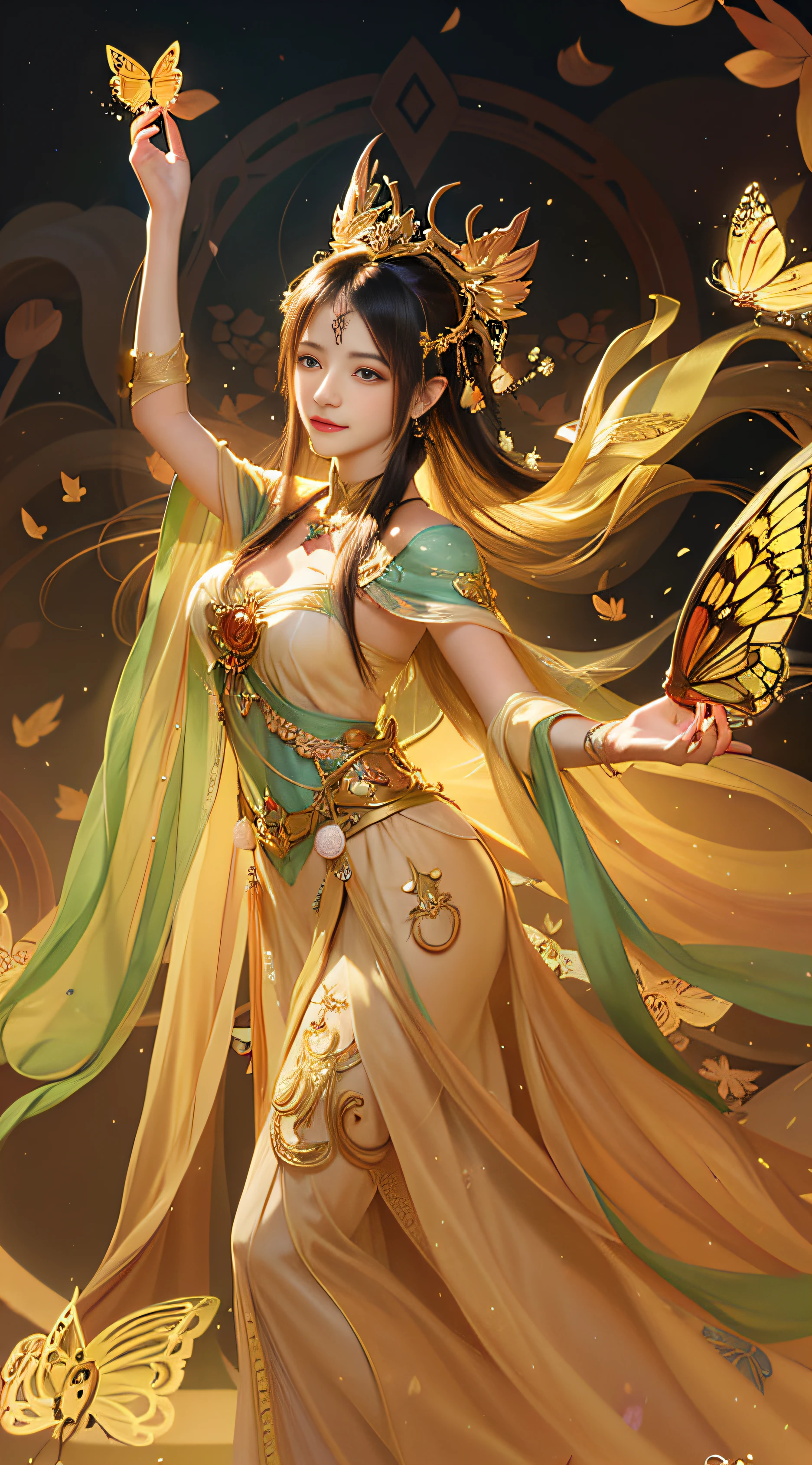 Wearing a yellow dress,Arad woman holding a butterfly in her hand, a beautiful fantasy empress, by Yang J, Inspired by Lan Ying, Beautiful character painting, Extremely detailed Artgerm, Alphonse mucha and rossdraws, Guviz-style artwork, gilded lotus princess, art-style, Artgerm and Atey Ghailan