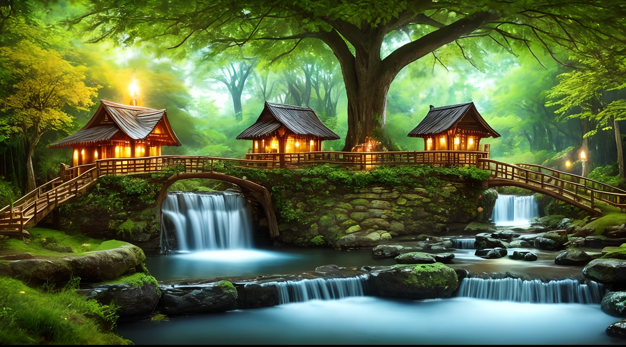 The best quality, masterpieces, beautiful wild and natural fantasy landscapes with glowing lights, clear spring waterfalls, tree houses, paths, bridges, glowing fruits on trees