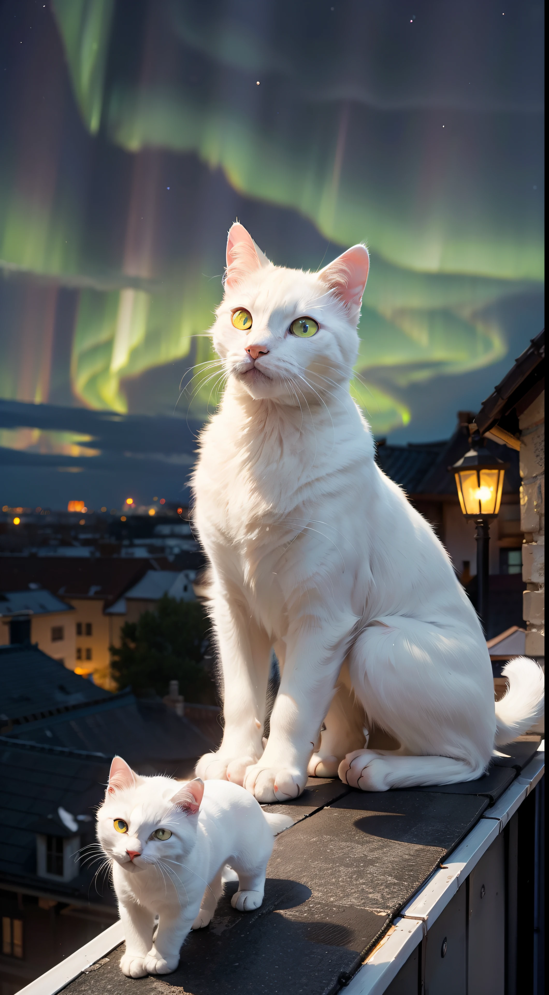 Masterpiece, a white cat,yellow eye, rooftop,night,full aurora,night