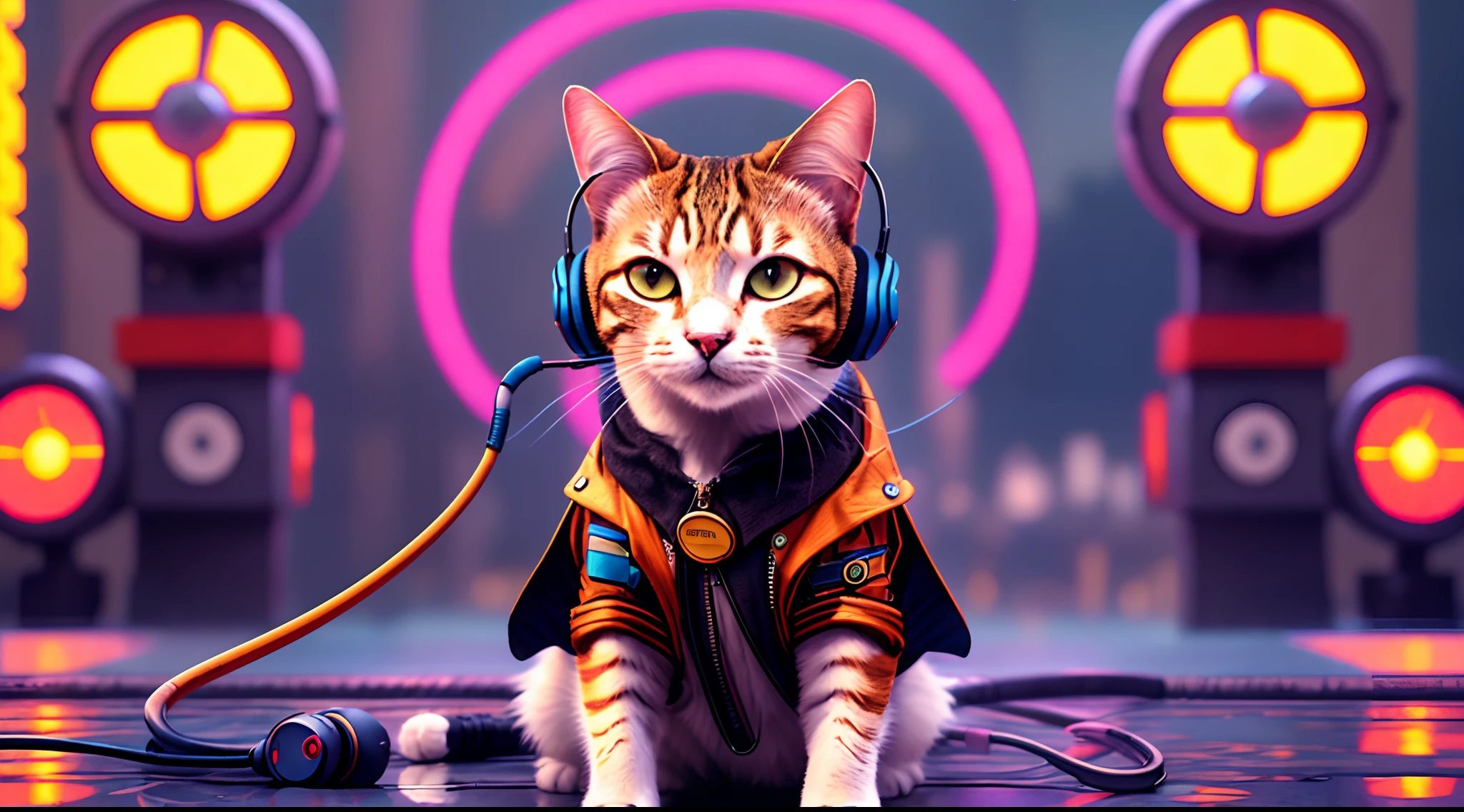 A cat with headphones and a jacket is sitting on a large lily leaf in a fountain. Cyberpunk and post-Soviet modernism  style themed. closeup view, neon lights., Pop art, Pixar, three sided view, UHD, anatomically correct, textured skin, super detail, high quality, 4K