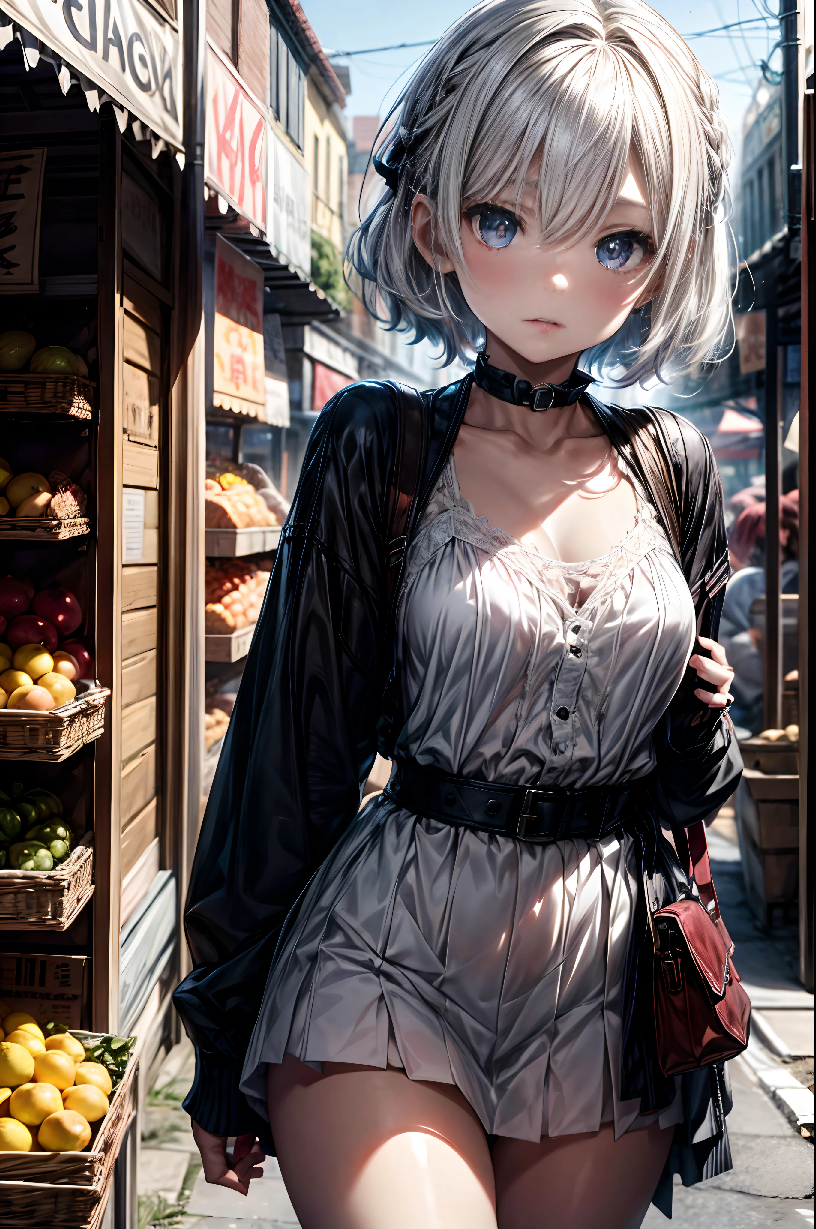 mash kyrielight, White hair, short hair, red eyes, girl, woman, female, little, child, 10 years old, medium hair, curly hair, bangs, eyes visible through hair, side braid, white and black hair, multicolored hair, red inner color, beautiful detailed Glass hair, delicate beautiful face, red pupils, fangs, small_breasts, pale blue eyes, white skin, choker, gloves, (nice hands), (perfect hands), camisole, holding fruit, lemon, (grapefruit), parted lips, blush, skirt, earring, holding food, bang, in fruit market, more_details:-1, more_details:0, more_details:0.5, more_details:1, more_details:1.5