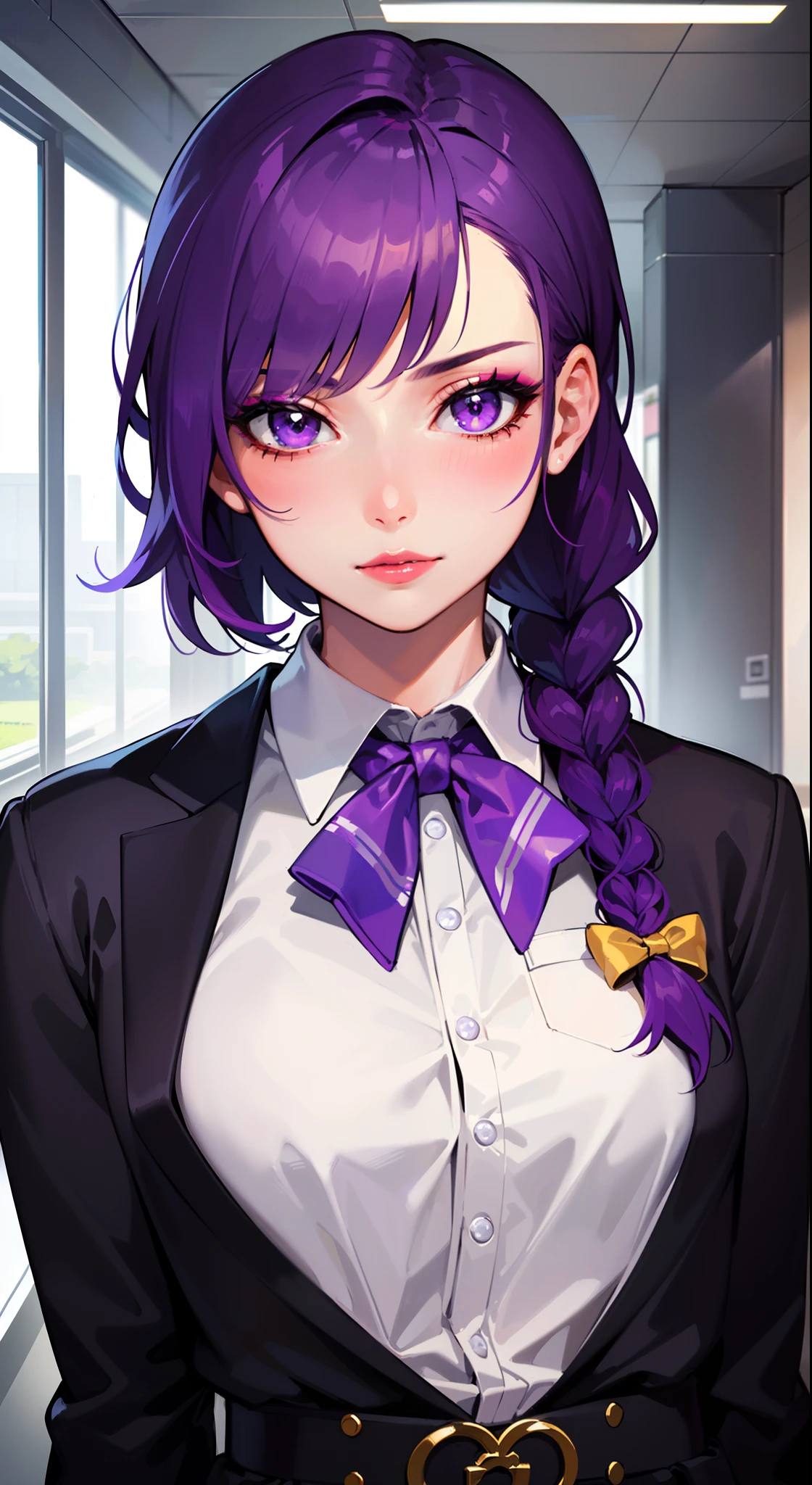 ((formal girl uniform)), upper body, seductive look, blush, indoors, in office, looking at viewer, cloudy, moody lighting, (perfect detail eyes:1.2), glowing eyes, (long hair one braid:1.2), (Masterpiece, Best Quality, High Quality:1.4), professional artwork, Intricate Details, field of view, sharp focus, detailed painting, photorealistic lighting, trending on pixiv, (vivid lighting, vibrant colors:1.05), realistic shadows, ambient occlusion, (athletic body:1.3), mature woman, 30yo, shenhe, hyperdetail eyes, beautiful eyes, (((solo:1.4))), semi-realistic hair, hyperdetailed clothes, (((beautiful makeup:1.3, beautiful pink lipstick:1.3, beautiful pink eyeshadow:1.3, purple eyes:1.0, purple hair:1.0))), (solo:1.4)