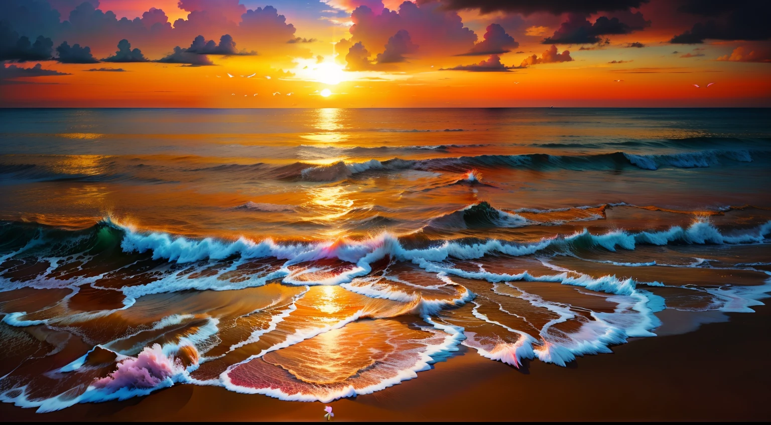 an orange、pink there、Yellow blends to fill the sky、Crystal clear sea on the beach gently kisses the shore、White sand beaches stretch everywhere。Seagulls soar high into the sky、Embrace a calm atmosphere、Peace washes you。