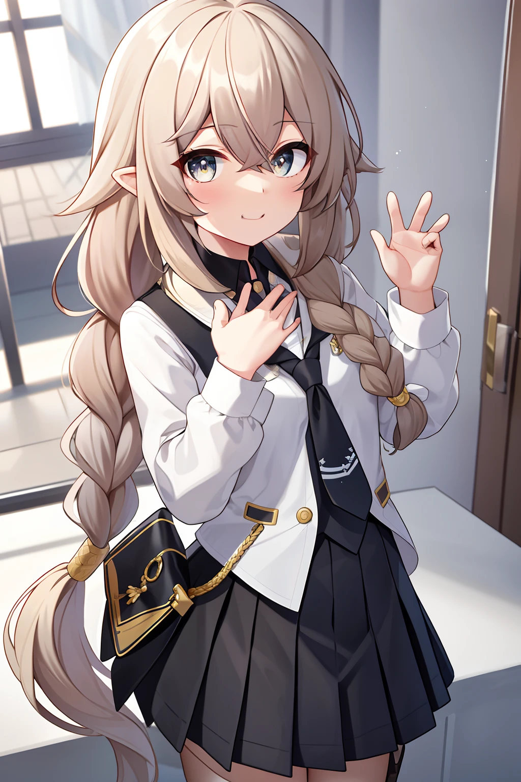 (8k,RAW photos,best qualtiy,tmasterpiece:1.2),ultra - detailed,offcial art,Flaxen hair,1girll,with brown eye,Twist braid two,White color blouse,a black pleated skirt,black necktie,Half-body image,School Background