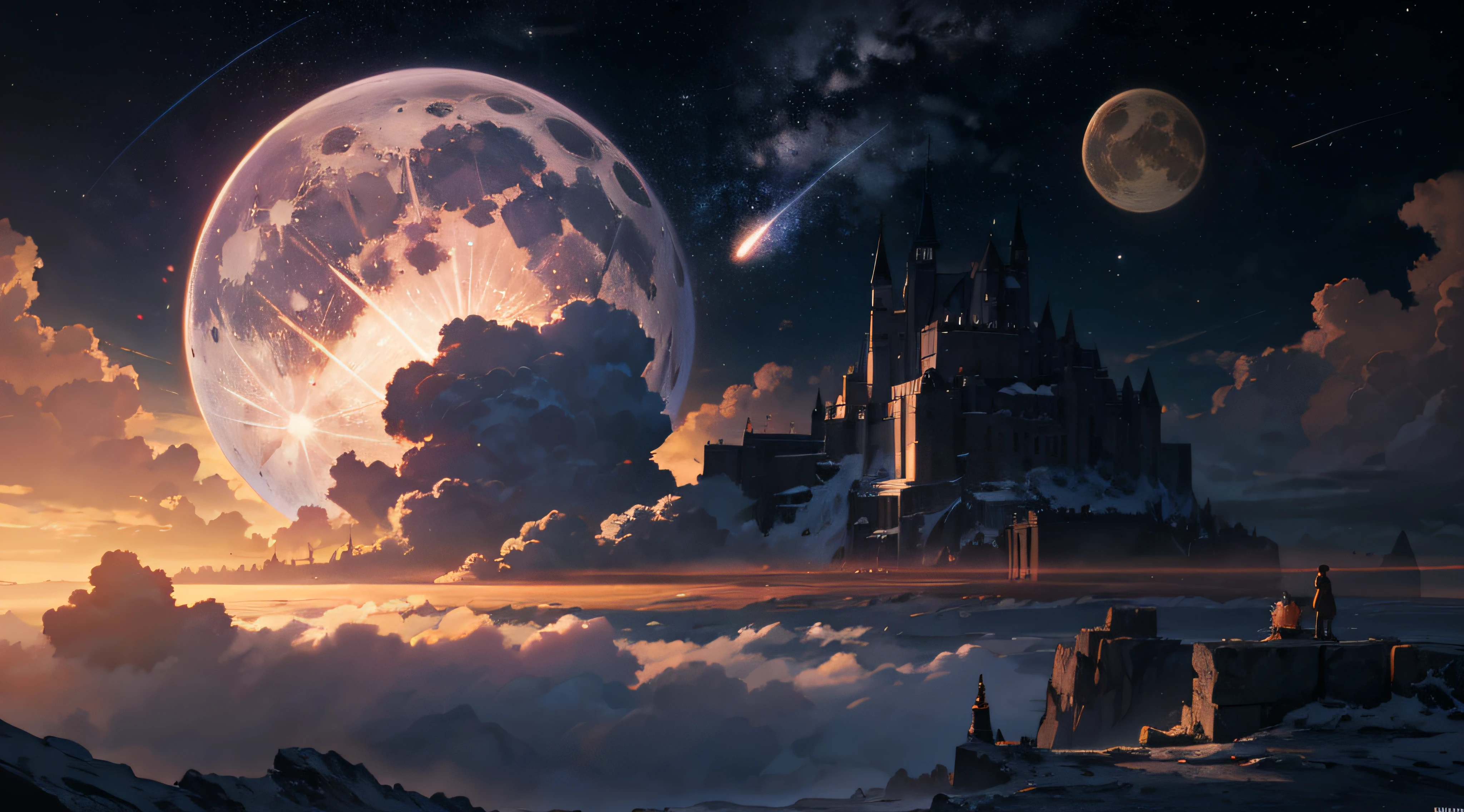 Expansive landscape photograph,(moon full:1.2),(meteors:0.9),(Starcloud:1.3),(Warm light source:1.2),(glowworm:1.2),lamp lights,Lots of purple and orange,Complicated details,Volumetriclighting,Realism BREAK(tmasterpiece:1.2),(best qualtiy),8K,Ultra-detailed,(dynamic compositions:1.4),The is very detailed,Colorful details,(Irridescent color:1.2),(luminouslighting,Atmospheric lighting),dream magical,magical,(独奏:1.2),((best qualtiy)), ((tmasterpiece)), (the detail:1.4),depth of fields,maximum definition and sharpness,perfectly proportions,Fluttering clouds,Wallpapers