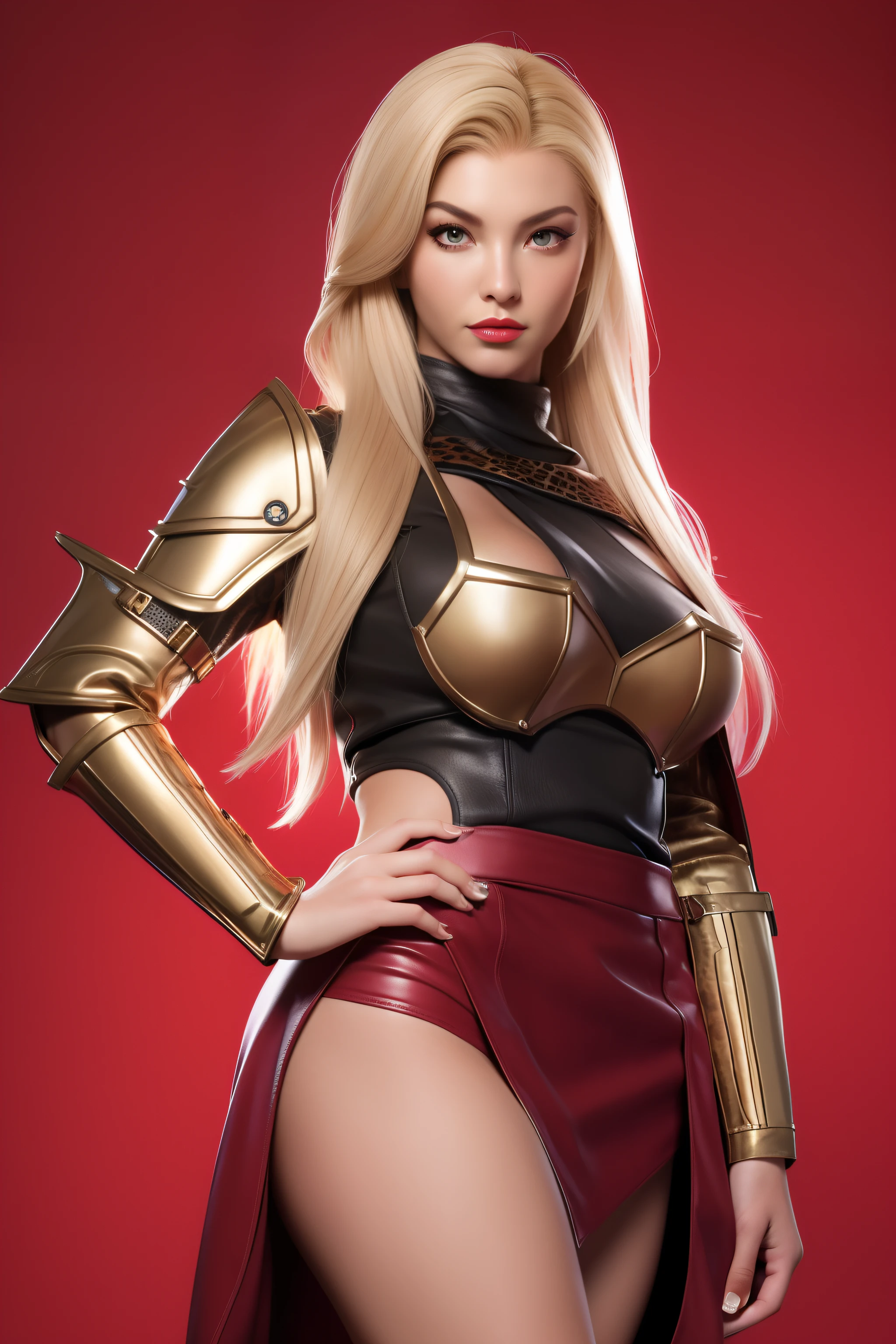 Beautiful Face Woman、a blond、Leopard print background、 Beautuful Women、18year old、prety woman、hyper realistic photography、High-definition photos、Red Lipstick、Mandalorian Style Metal Armor Skirt Suit、big eye、The skin is not very exposed、Do not cut your head off the screen、skirt by the、Leopard handle