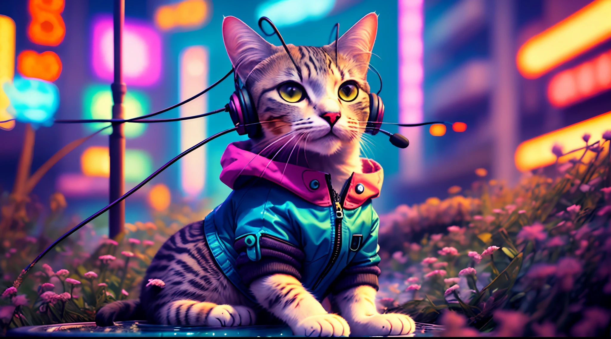 A cat with headphones and a jacket is sitting on a large lily leaf in a fountain. Cyberpunk and post-Soviet modernism  style themed. closeup view, neon lights., Pop art, Pixar, three sided view, UHD, anatomically correct, textured skin, super detail, high quality, 4K