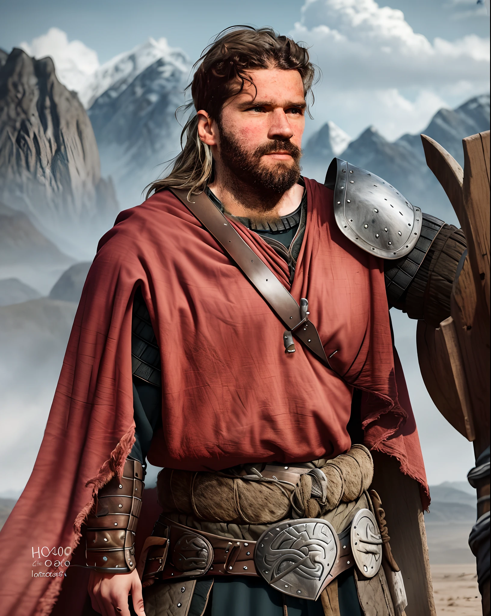 photograph of a viking warrior with dirt in his face, broad shoulders, armor, heroic, beard, pronounced cheekbones, cloudy, masterpiece, best quality, high quality, 4K, trending, hard ring light, 50mm