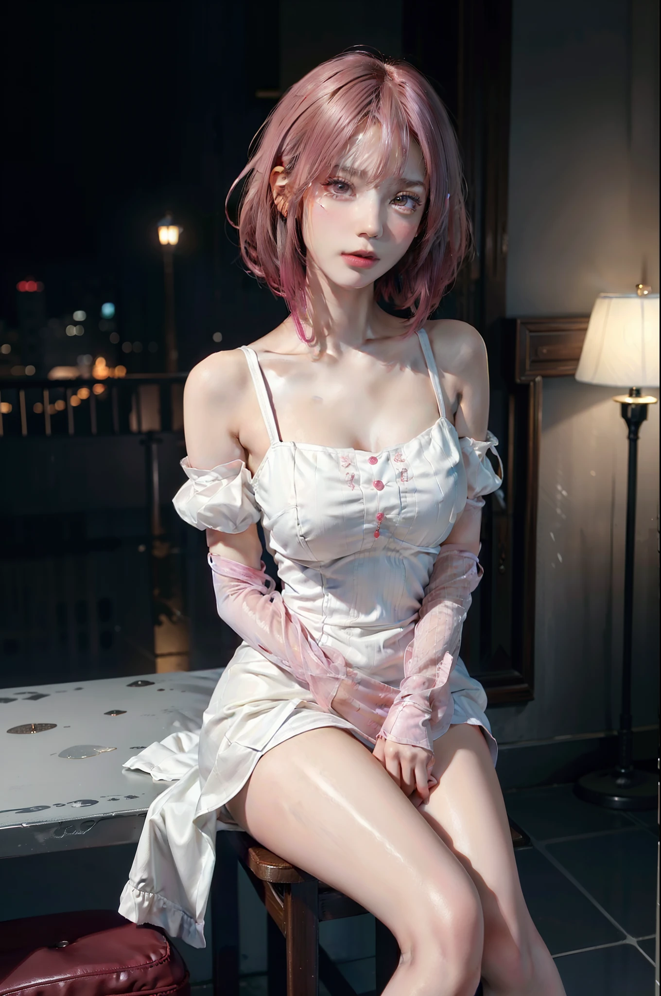 short_hair,blunt_bangs,white_hair/pink_eyes,two-tone hair,gradient hair,a girl in a white dress sitting on a chair in front of a cityscape at night with her legs crossed, by Masaaki Sasamoto,{best quality}, {{masterpiece}}, {highres}, original, extremely detailed 8K wallpaper, 1girl, {an extremely delicate and beautiful},red-eyeshadow,lipstick，closed mouth,pink_hair，looking afar,bob cut，detached sleeves,