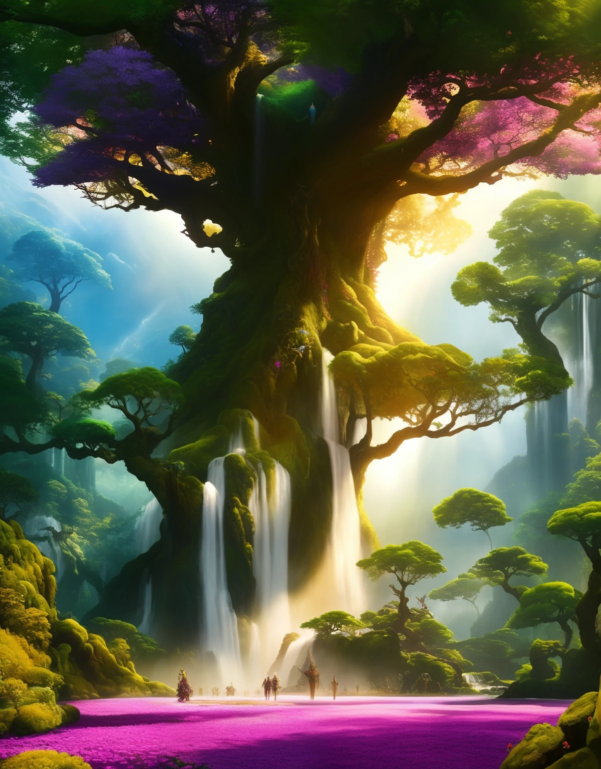 a wide shot of The big Tree of Souls from avatar, colorful flowers, cascading waterfalls, highly detailed, intricate details, trending on artstation, sharp focus, intricate details, volumetric lighting, sun rays, soft lighting, highly detailed, by greg rutkowski and lisa frank