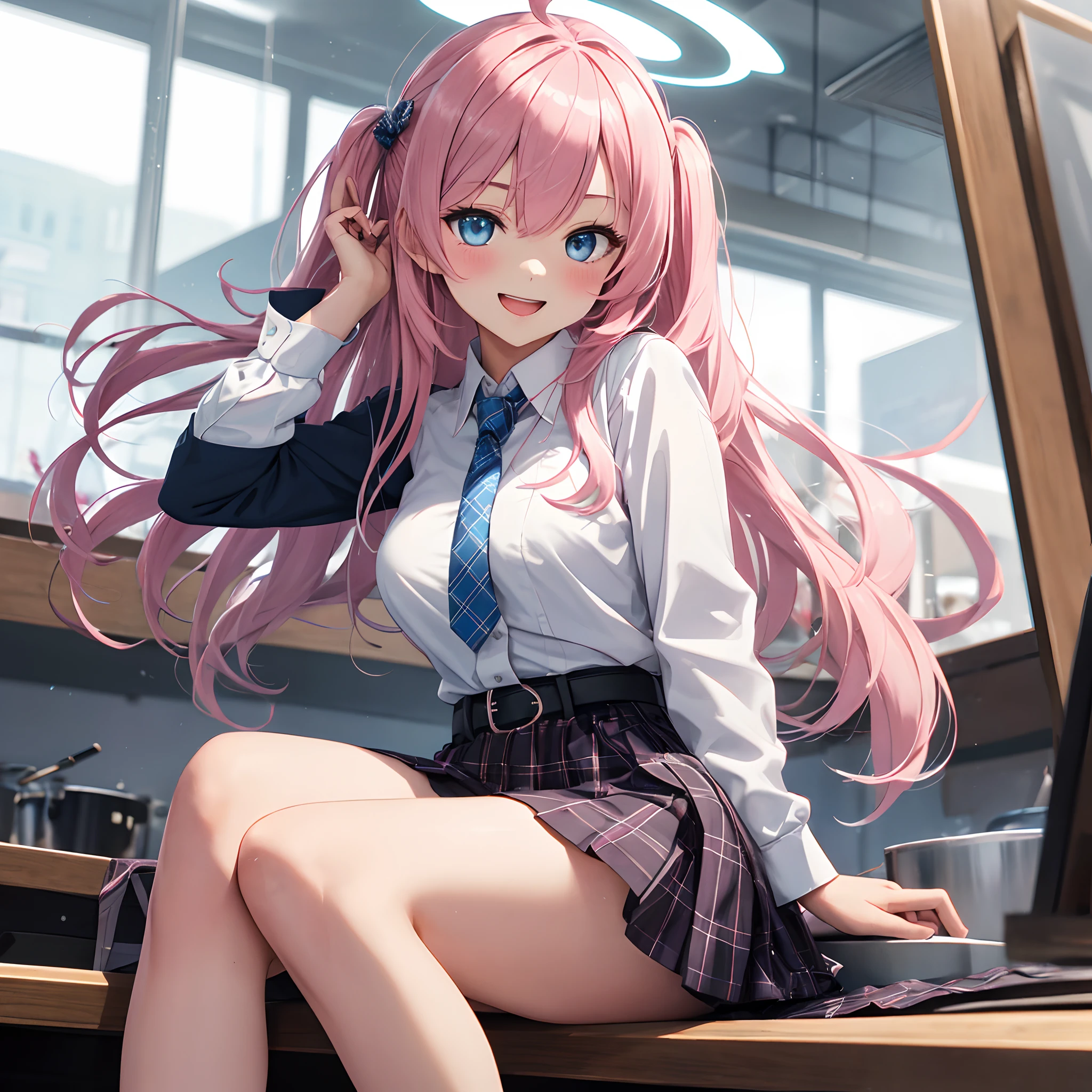 1girll, hoshino (Blue Archive), Solo, Heterochromia, Pink hair, Skirt, Long hair, tiese, ahoge, shirt, Halo, plaid skirts, Blue eyes, tartan,  view the viewer, White shirt, Sitting, Orange eyes, breast belt, exploited, Long sleeves, ID cards, Open mouth, Very long hair, Collared shirt, Smile, a blue tie, bangs, foot out of frame, between legs, hand between legs, Blush, hair between eye, A high resolution,Masterpiece, Best quality