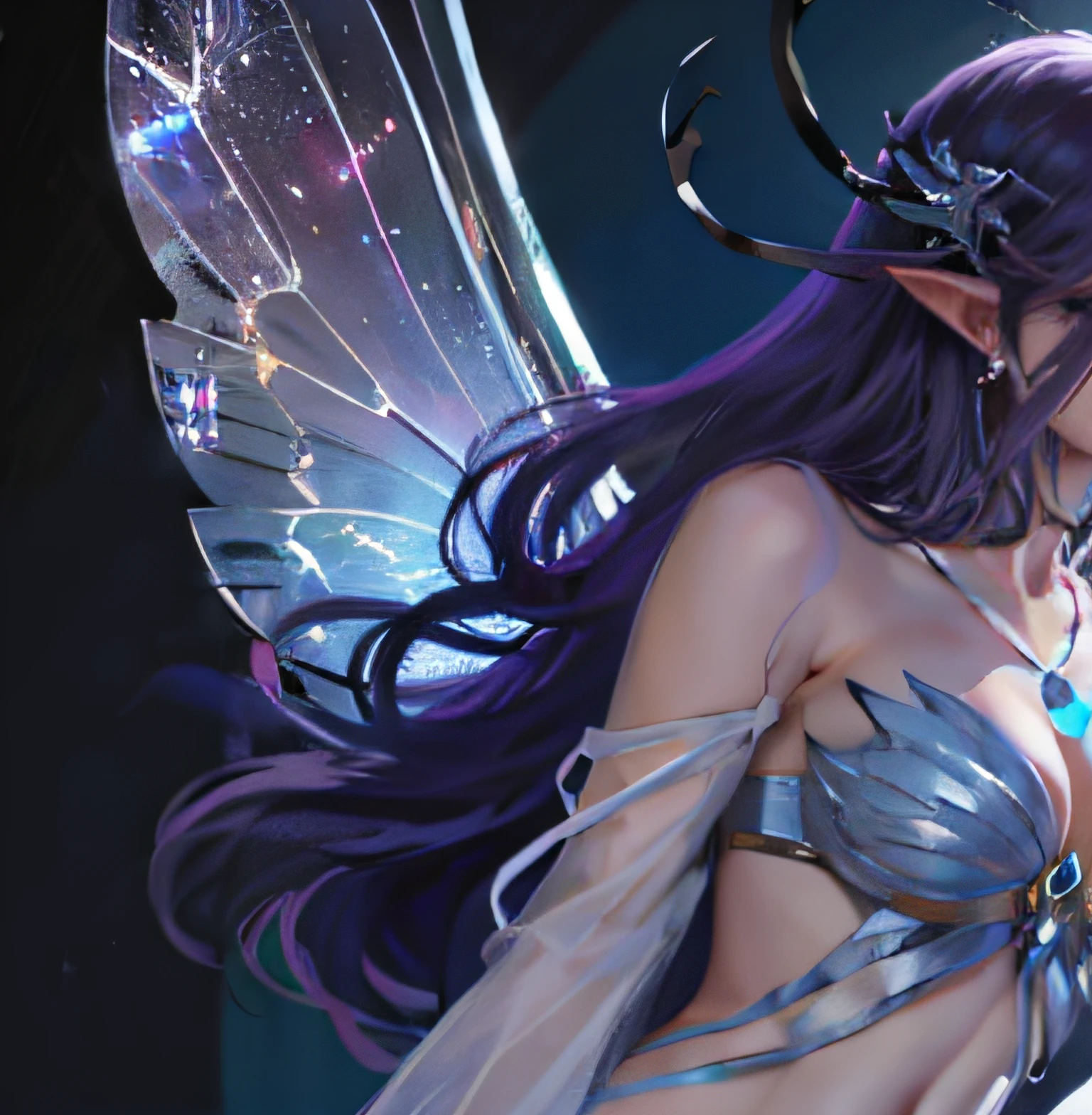 butterfly wings，Transparent yarn，light yarn，Midsummer Eve，ln the forest，The metal part of the petals on the waist，Bare legged，Full body like，elvish ears，Butterfly-shaped bandeau，Purple streamers， Blonde hair gray，the elf，The tree，the night，The ultimate gemstone detail，Perfect face，Perfect facial features,Beautuful Women，1 Girls dress like they move, tmasterpiece， best qualtiy， 8K， Lifelike，game original painting， Fairy style female， Beautiful female all， Exquisite facial features， intricate clothing details， Slim figure， huge boob， lipstick， Eye makeup， Well-structured facial features， The right light and shadow， Extremely high detail， metal decoration， Reasonable and correct fabric wrinkles， Beautiful hands， Anatomically correct hand， Light and shadow rendering， concept-art， Beautiful woman， Holy， （（（（（（CharacterDesignSheet）））））， High picture quality， Light， Extreme detail （（high qulity））， Beautuful Women，， （Delicate facial features）， Moles under the eyes， （（hentail realism））， The light from the back window is backlighted， （high qulity）， hyper HD， textureskin， high qulity， high detal， best qualtiy， A high resolution， 1080p