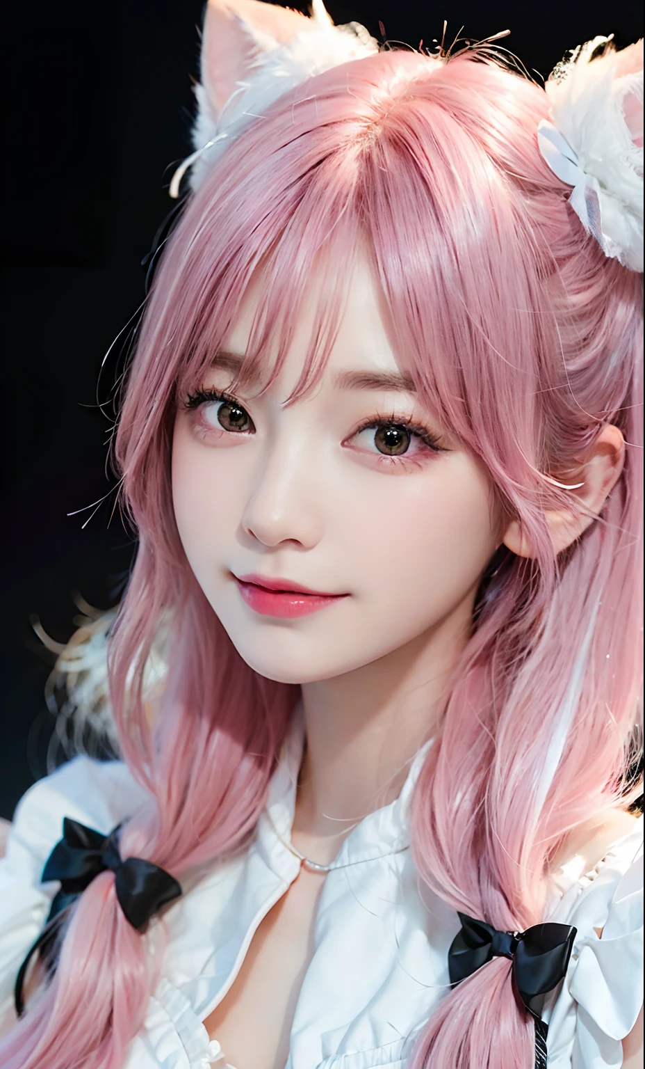 (Raw photography:1.2)、top-quality、a beautiful detailed girl、Pink hair color、Twin-tailed、A smile、Idol、extremely detailed eye and face、beatiful detailed eyes、huge filesize、hight resolution、8k wallpaper、finely detail、wall-paper、Light on the Face、电影灯光、16-year-old girl、Idle Pose、(photorealisim:1.4)、illustratio、super detailing、​masterpiece、White fur hair rubber、Fluffy dress with black ribbon on pink