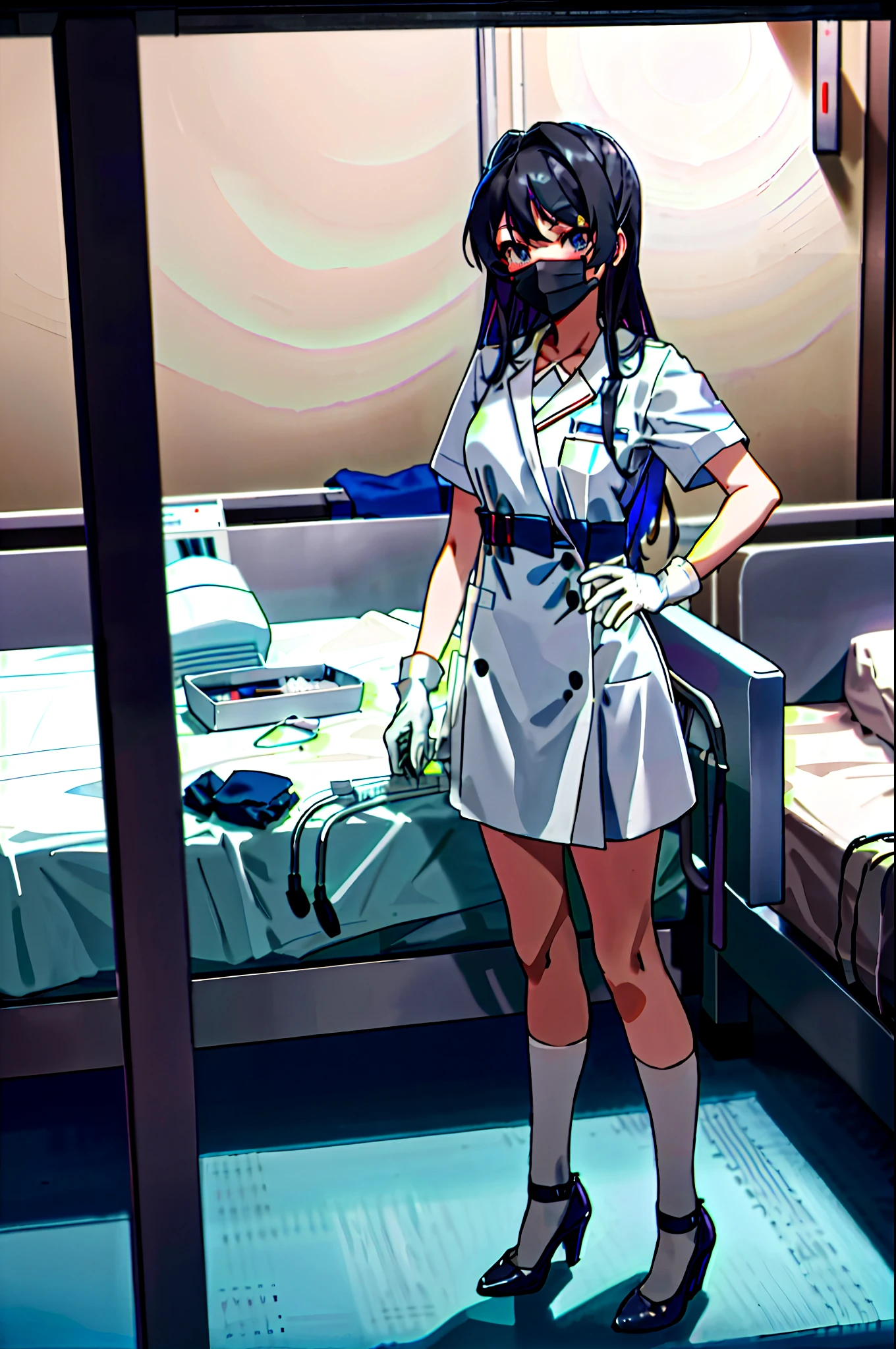 Mai Sakurajima stands next to the hospital bed wearing white medical gloves，Wear a surgical gown，Wear a white mask，Wearing white stockings，black heels，Mai Sakurajima stood by the bed in the operating room，Scalpel in hand，Used surgical gloves on the floor of the operating room