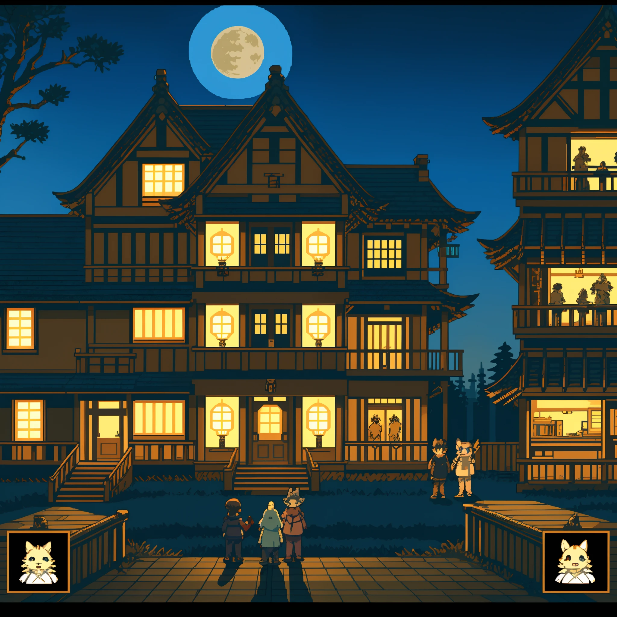 highres, absurdres(highly detailed beautiful face and eyes)perfect anatomy, detailed background, User Interface of fps game, night, japanese house, deteriorated furniture, windows, moonlight, 6+boys, 6+girls, expression, good lighting, cinematic shadow(kemono, furry anthro)assorted poses,