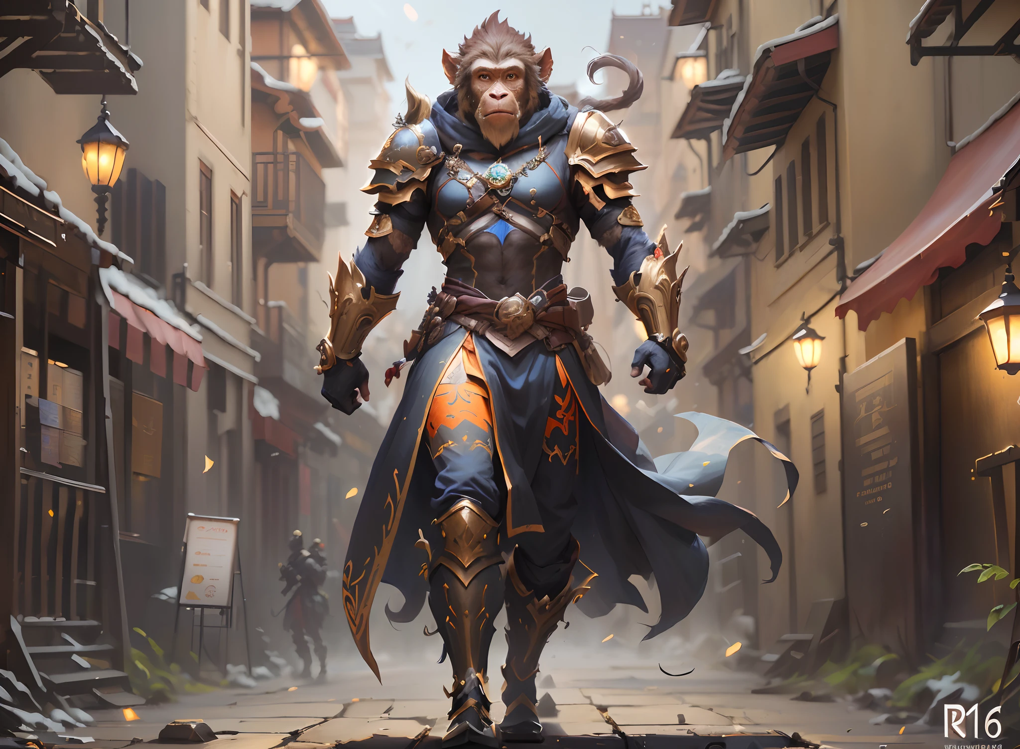 there is a man in a costume walking down a street, humanoid monkey fantasy race, wukong, wojtek fus, sun wukong, d&d trending on artstation, chengwei pan on artstation, fantasy art behance, epic fantasy character art, fantasy card game art, high quality fantasy art, amazing 8k character concept art