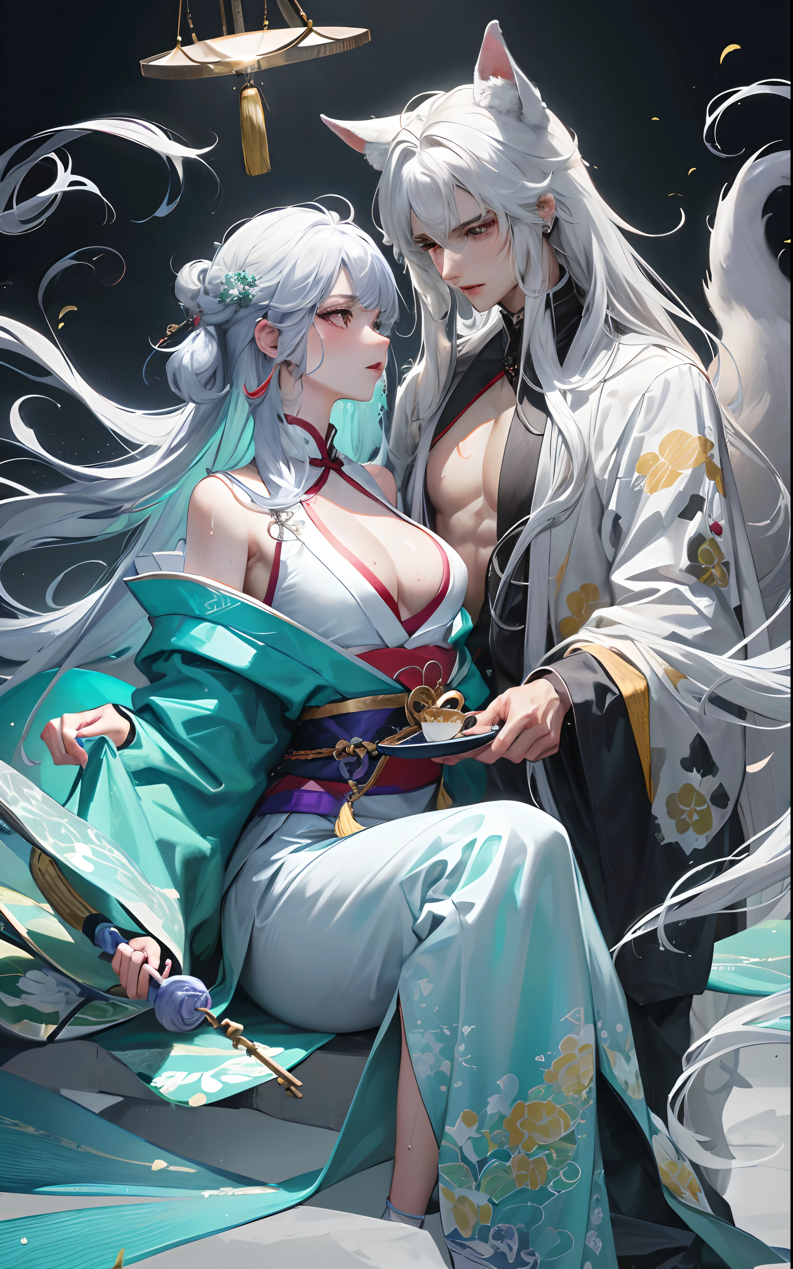 concept-art,"1 couple, Fox ears male focus, foxears, O cabelo multicolorido,Handsome boy,Long white hair, nipple tassels, By bangs,Colorful,Bold colors,White sexy kimono,(avas)komono,Female large breasts,Traditional Chinese clothing,closeup cleavage,Intimate interaction,ear studs,Nipple Ring,sweat leggs,Illuminate people", rich colourful,Master composition,Focus on key people, photorealisti,tmasterpiece, awardwinning, best qualtiy, tmasterpiece, ultra - detailed, 8K, Extremely detailed Cg Unity 8k wallpaper, 复杂, highly detailed, realisticlying