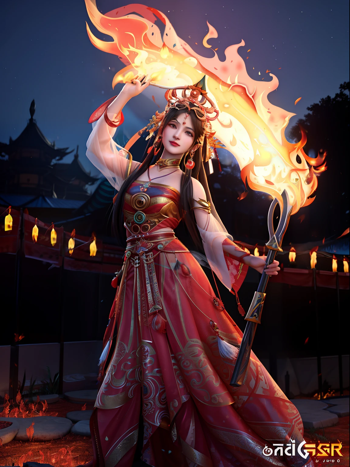 Arad woman in dress holds a fire stick and fire, appears as the fire goddess, fiery flames, flames surround her, the fire goddess, nezha, the fire queen, trending on cgstation, Rosla global lighting, ne zha from smite, Beautiful rendering of the Tang Dynasty, firebending, Beautiful digital artwork