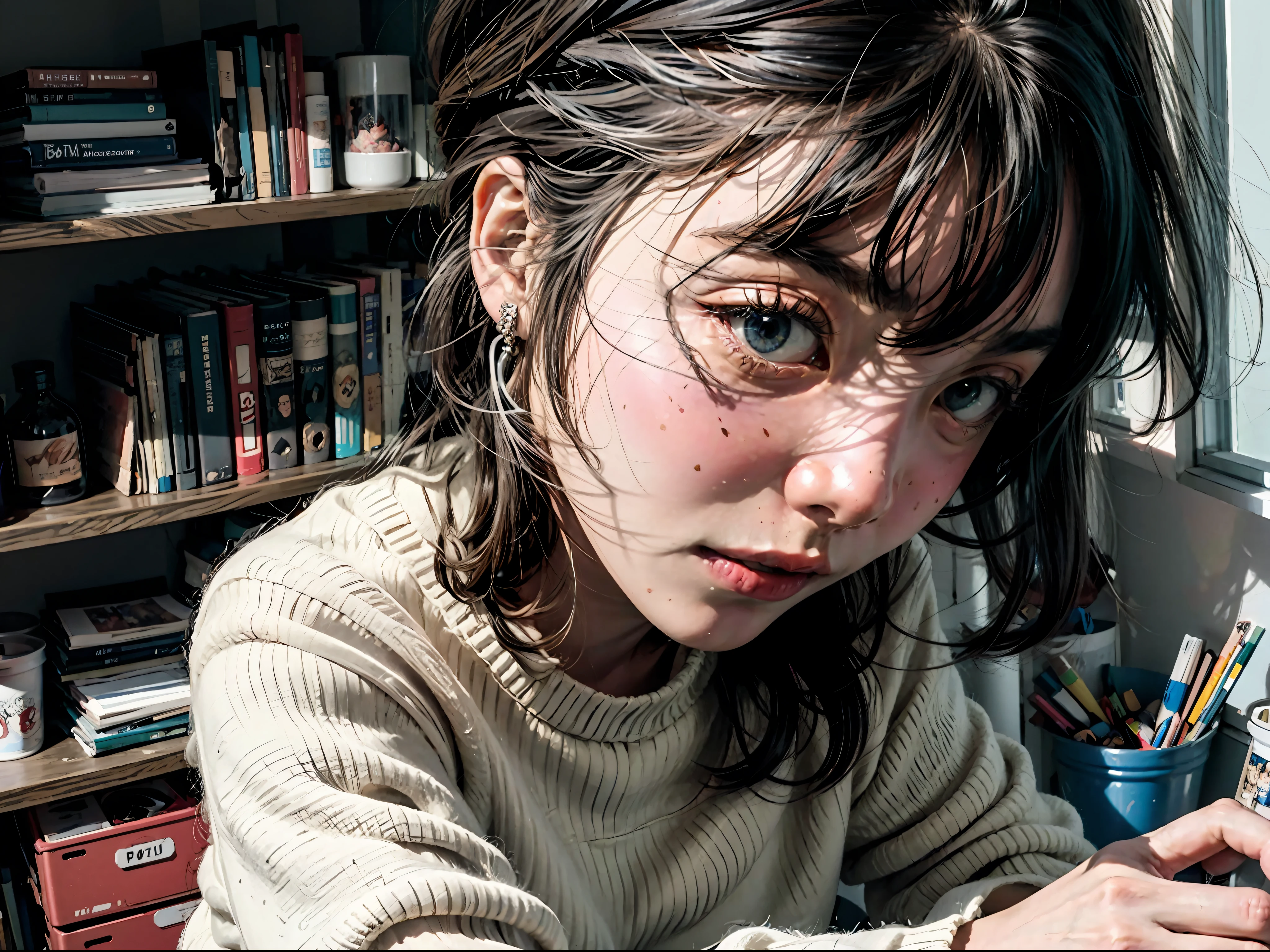 there is a drawing of a woman sitting in a messy room, in a bedroom, messy room, in a room, inside a messy room, in my bedroom, in her room, in an attic, chaotic age bedroom, sitting in her room, messy bedroom, cluttered room, ghostly teen bedroom, in small room, dirty room, cluttered, a room, anime style, happy vibrant colors