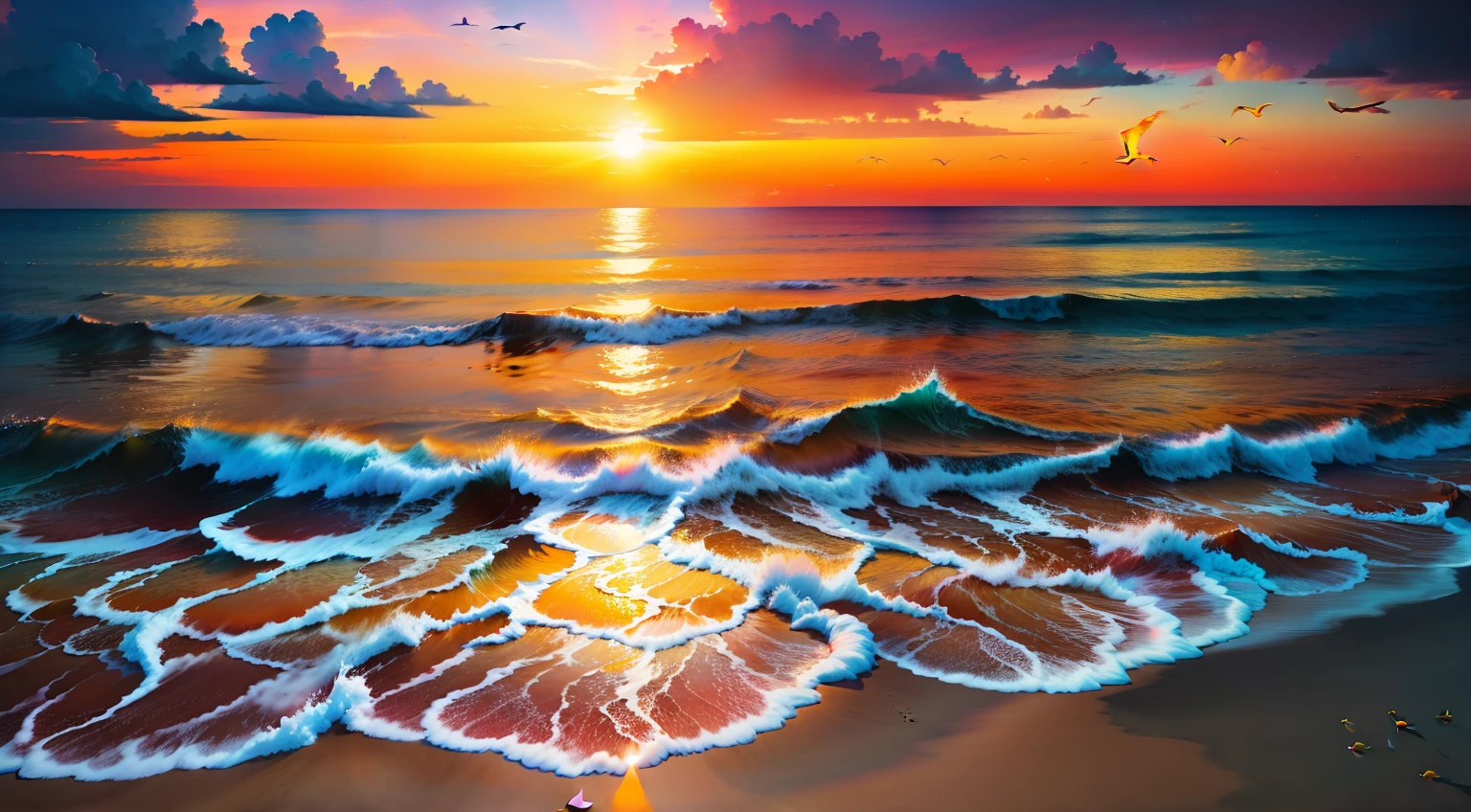 an orange、pink there、Yellow blends to fill the sky、The crystal clear waters of the beach gently kiss the shore、White sand beaches stretch everywhere。Seagulls soar high into the sky、Embrace a calm atmosphere、Peace washes you。