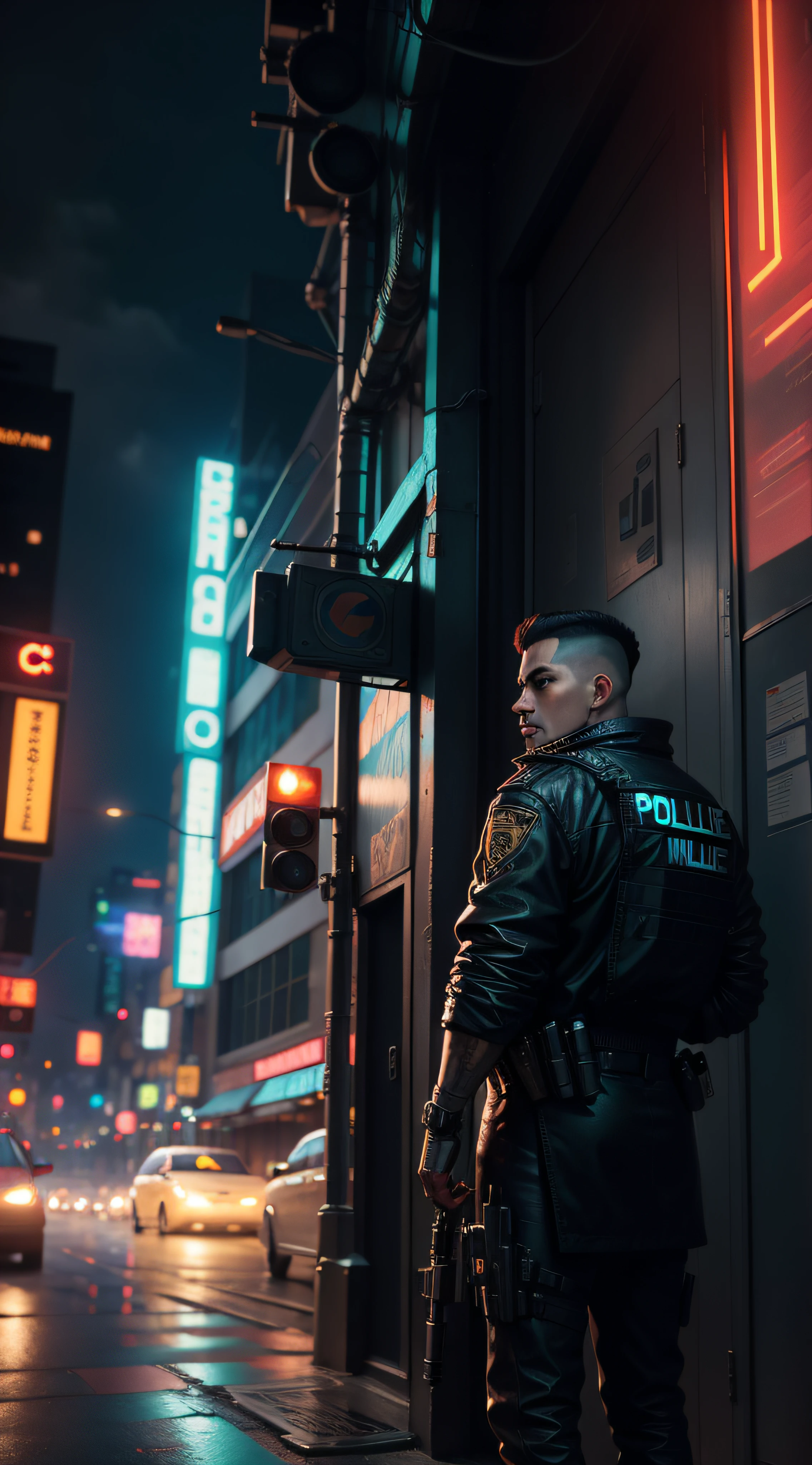 cinema, cyberpunk, neutral background, police