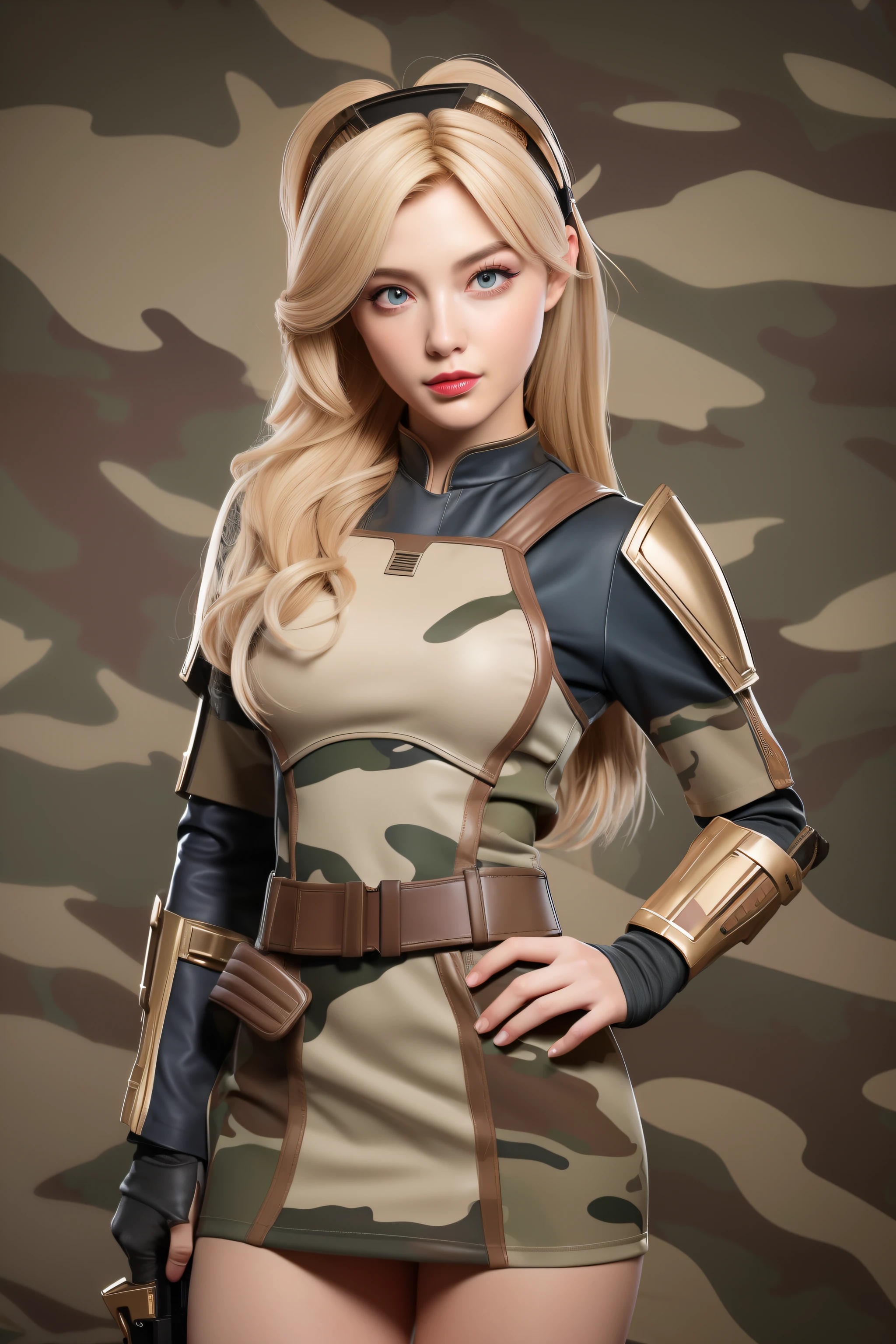 Beautiful Face Woman、a blond、Camouflage pattern background、 Beautuful Women、18year old、prety woman、hyper realistic photography、High-definition photos、Red Lipstick、Mandalorian Style Metal Armor Skirt Suit、big eye、The skin is not very exposed、Do not cut your head off the screen、skirt by the、camo