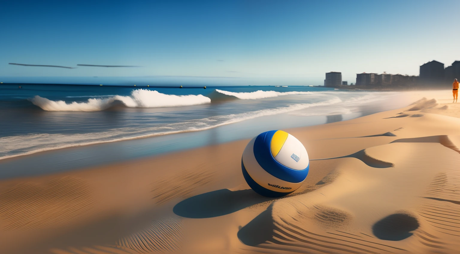There are yellow and blue volleyballs on the beach, Volleyball, On the sand, Beach tennis, Sandy Beach, Volleyball net, volley court background, beach setting, On a sunny beach, On the beach, rendered in cinema 4 d, Rendered in Cinema4D, On a beach, relaxing on the beach, in the beach, digital painted
