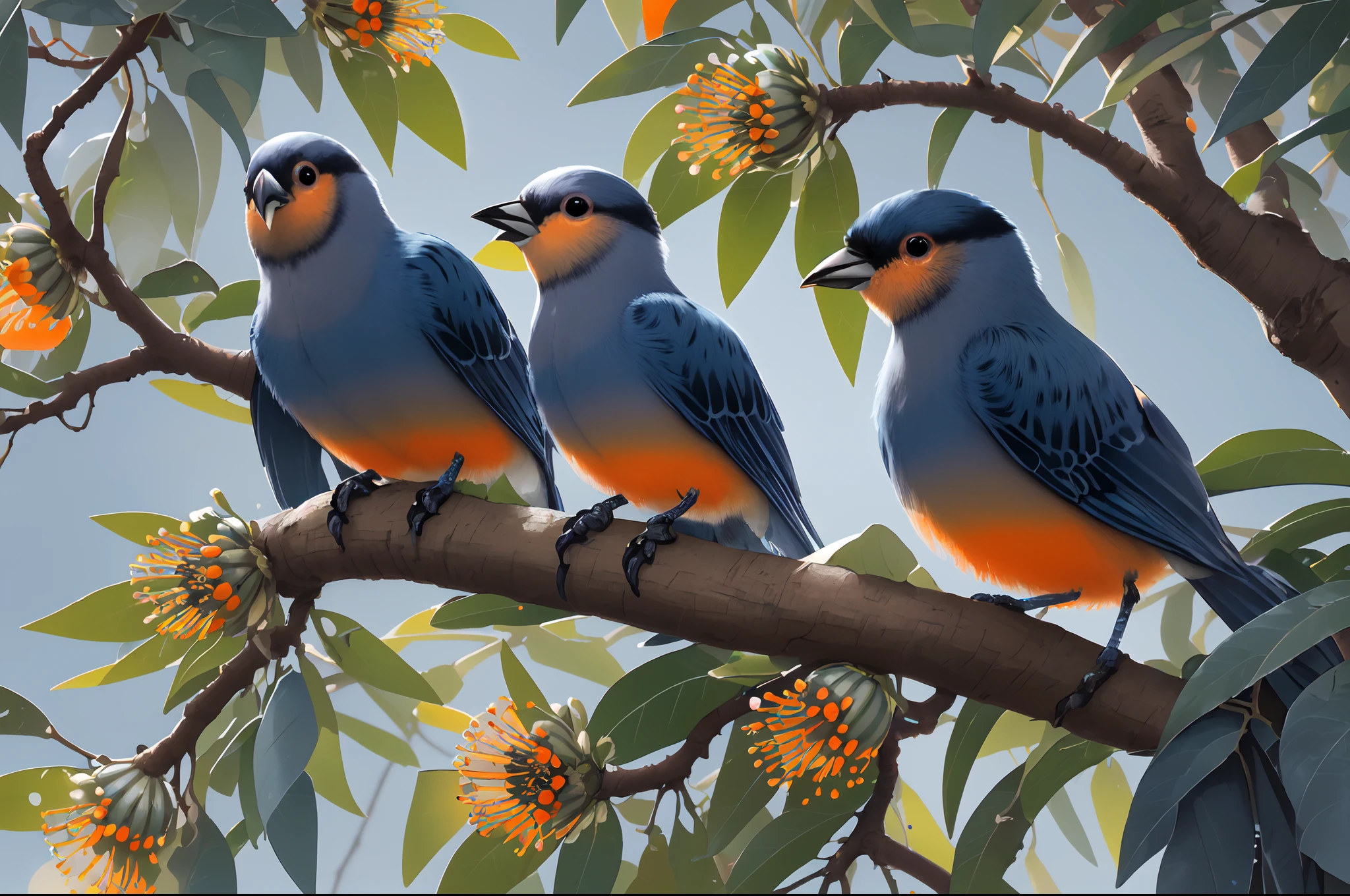 crayon sketch art, ((Two small birds with light navy blue gradient heads and orange bodies)), in acacia tree nest, passion flowers, spring breeze and light, dense bees, full colors, in the park background, meticulous and meticulous work,
