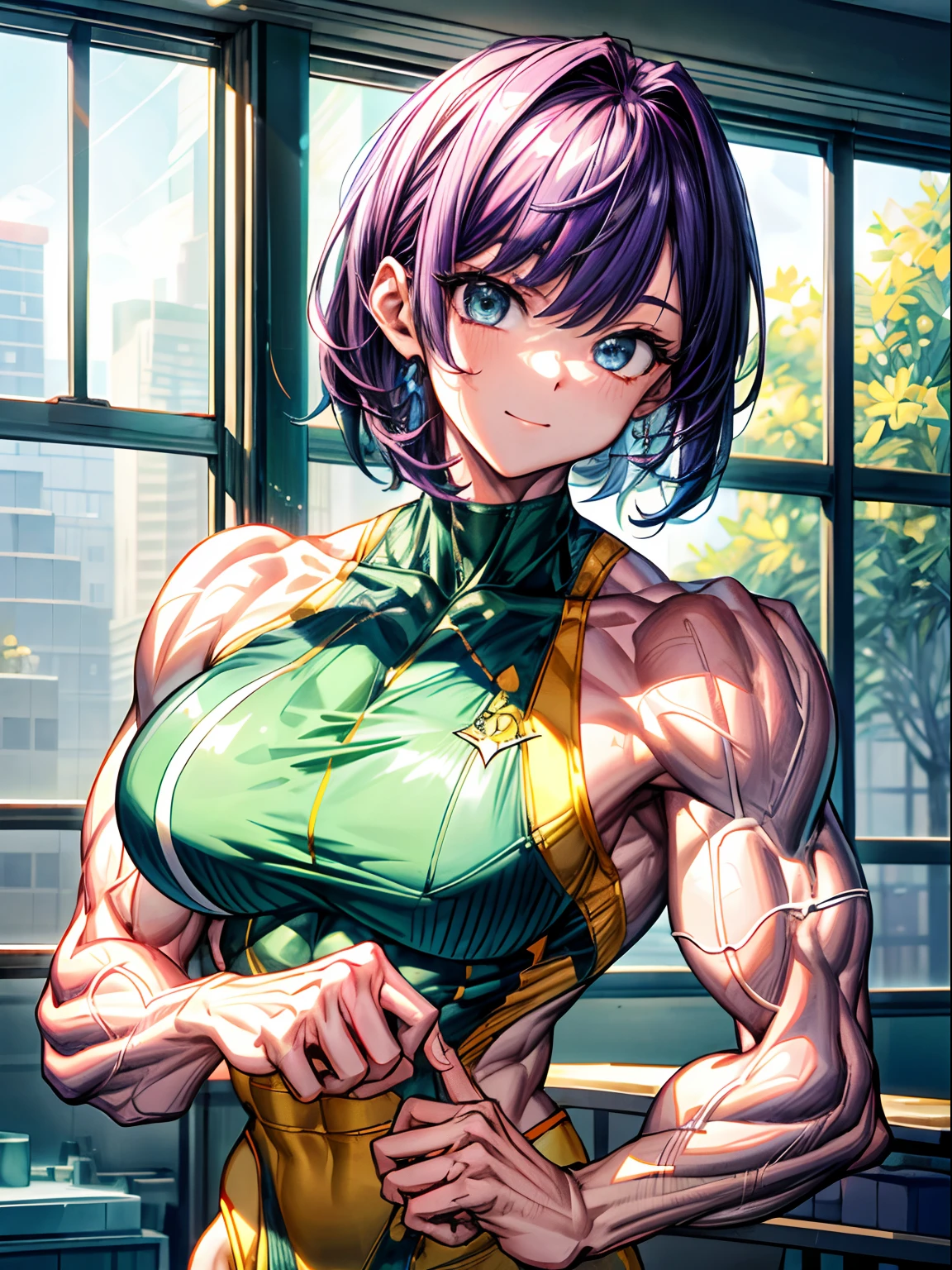 (BEST lighting) , (ultra intricately detailed) , 4K unification, (super-detailed CG: 1.2) , (8K: 1.2),(Original), (Masterpiece) , (Best quality),(Masterpiece:1.4),Anime-ish high quality,(Masterpiece),Masterpiece, Best quality, absurderes,((masterpeace, 4K, 8K, Yes, A high resolution))1girll,ssmile， One man only，She is in the ballet studio，brassier， expose arms，Exposing the abdomen，Protruding blood vessels on the arm，Green tendons bulge，Spring, Boots, Perfect figure, Short purple asymmetrical hair, Sweat, ((body builder:1.5)),The strongest in the world，Practice dance studio background,(Beautiful bace),(Girl),(Female),(((Upper body:1)))