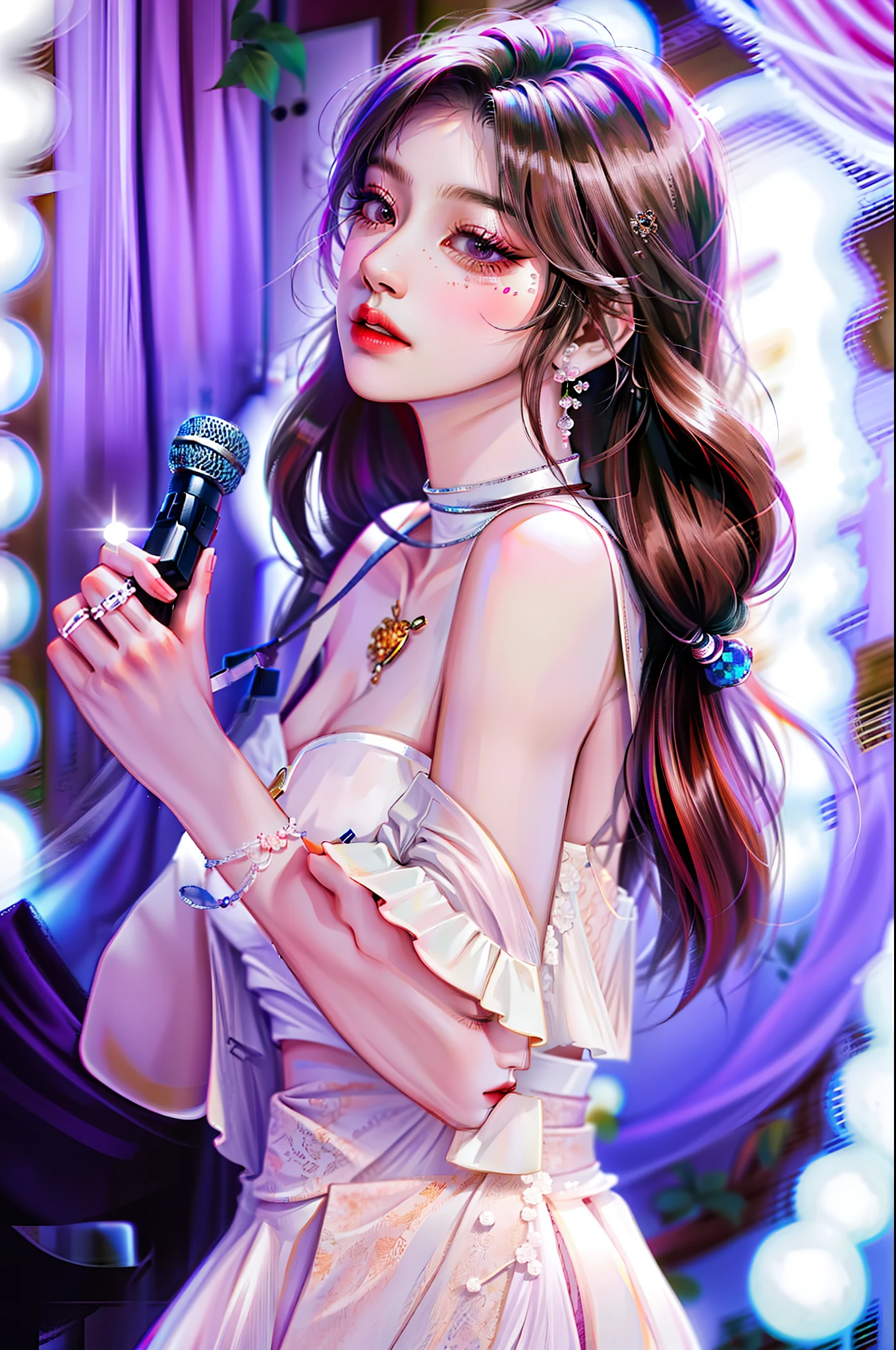 tmasterpiece,Need,super-fine,Semi-realistic，Close-up of a woman in a white dress holding a microphone, bae suzy, jia, blackpink jennie, jaeyeon nam, Shot on Canon EOS R 6, 8K Artgerm bokeh, shaxi, tiffany, hwang se - on, Choi Hyun-hwa, gongbi, IU, park jimin, full-body xianxia